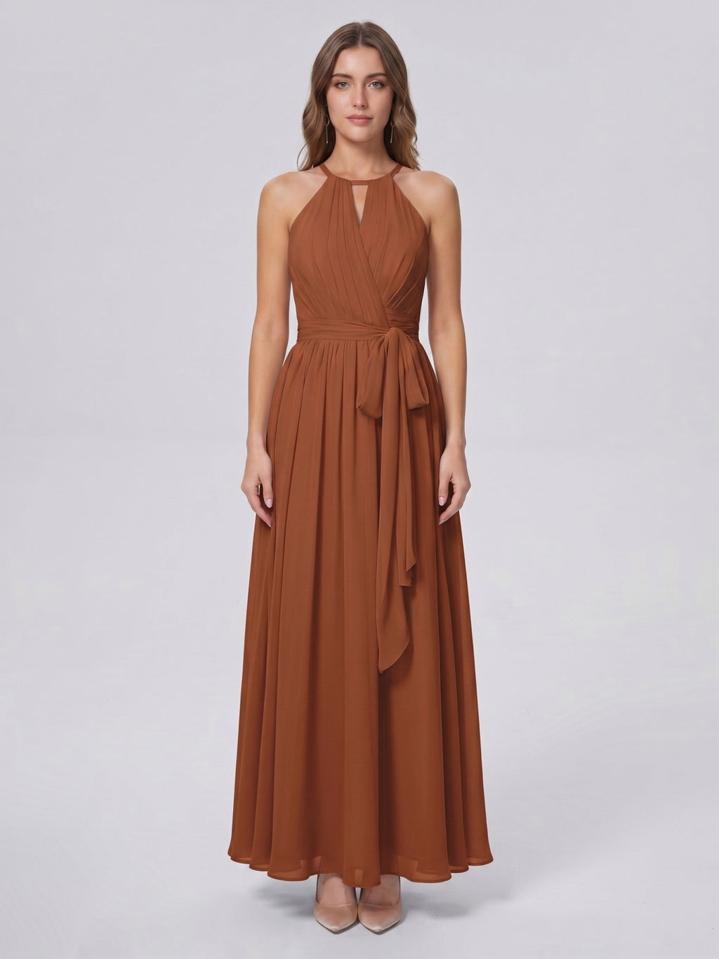 Terracotta Chiffon A-Line Halter Bow Back Floor-Length Bridesmaid Dress with Bow
