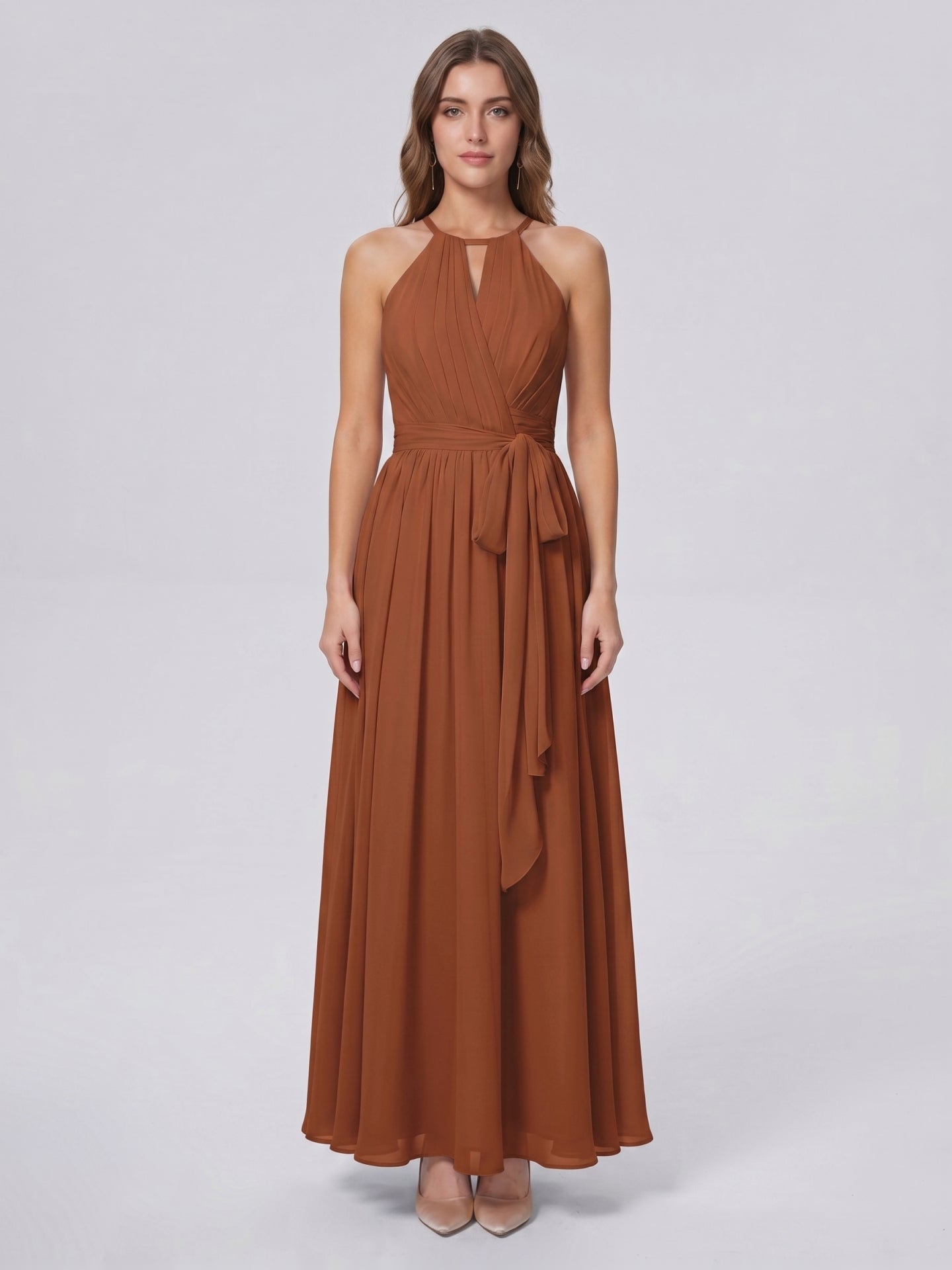 Terracotta Chiffon A-Line Halter Bow Back Floor-Length Bridesmaid Dress with Bow