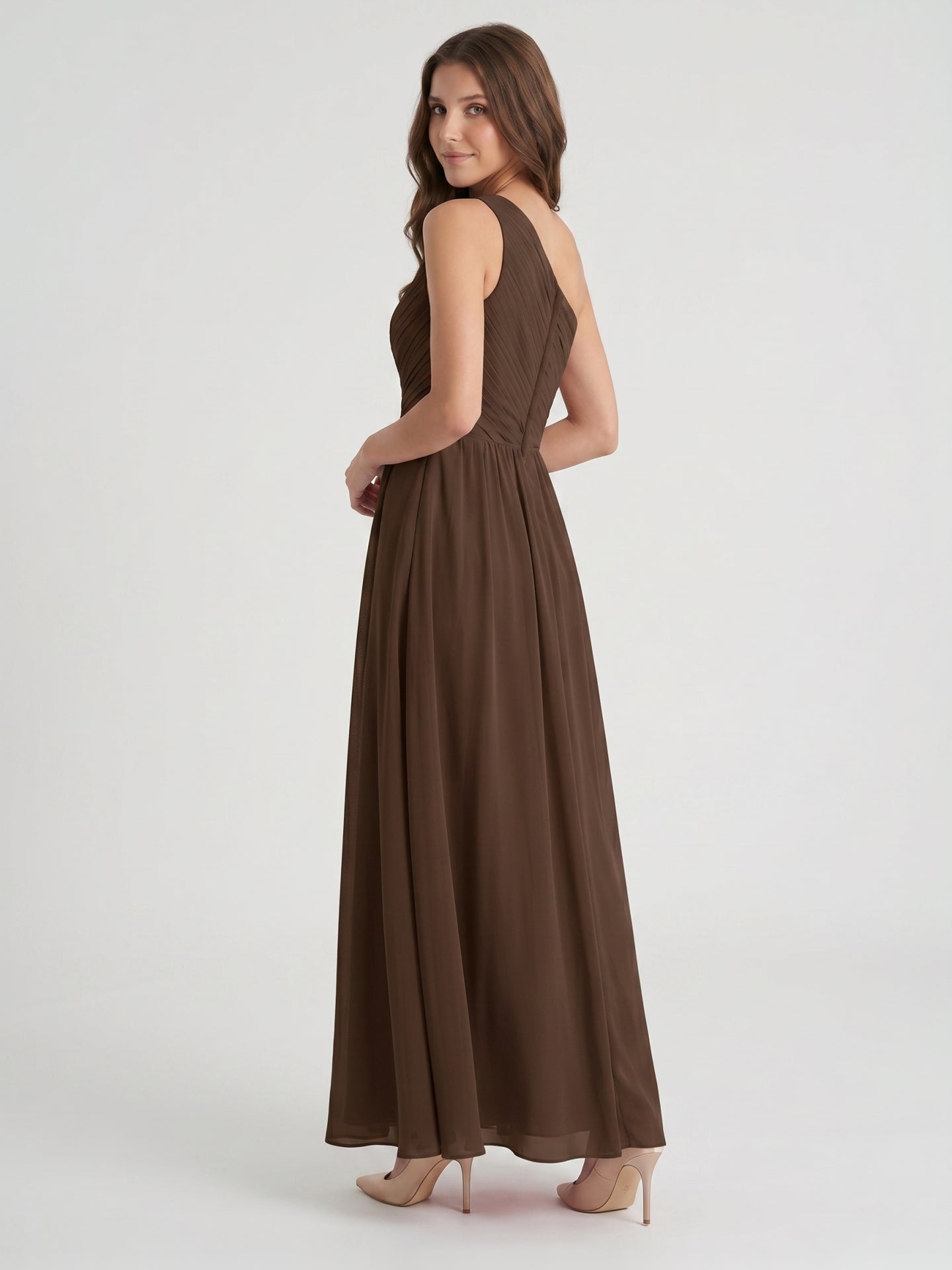 Mocha Chiffon A-Line One Shoulder Back Zip Floor-Length Pleated Bridesmaid Dress