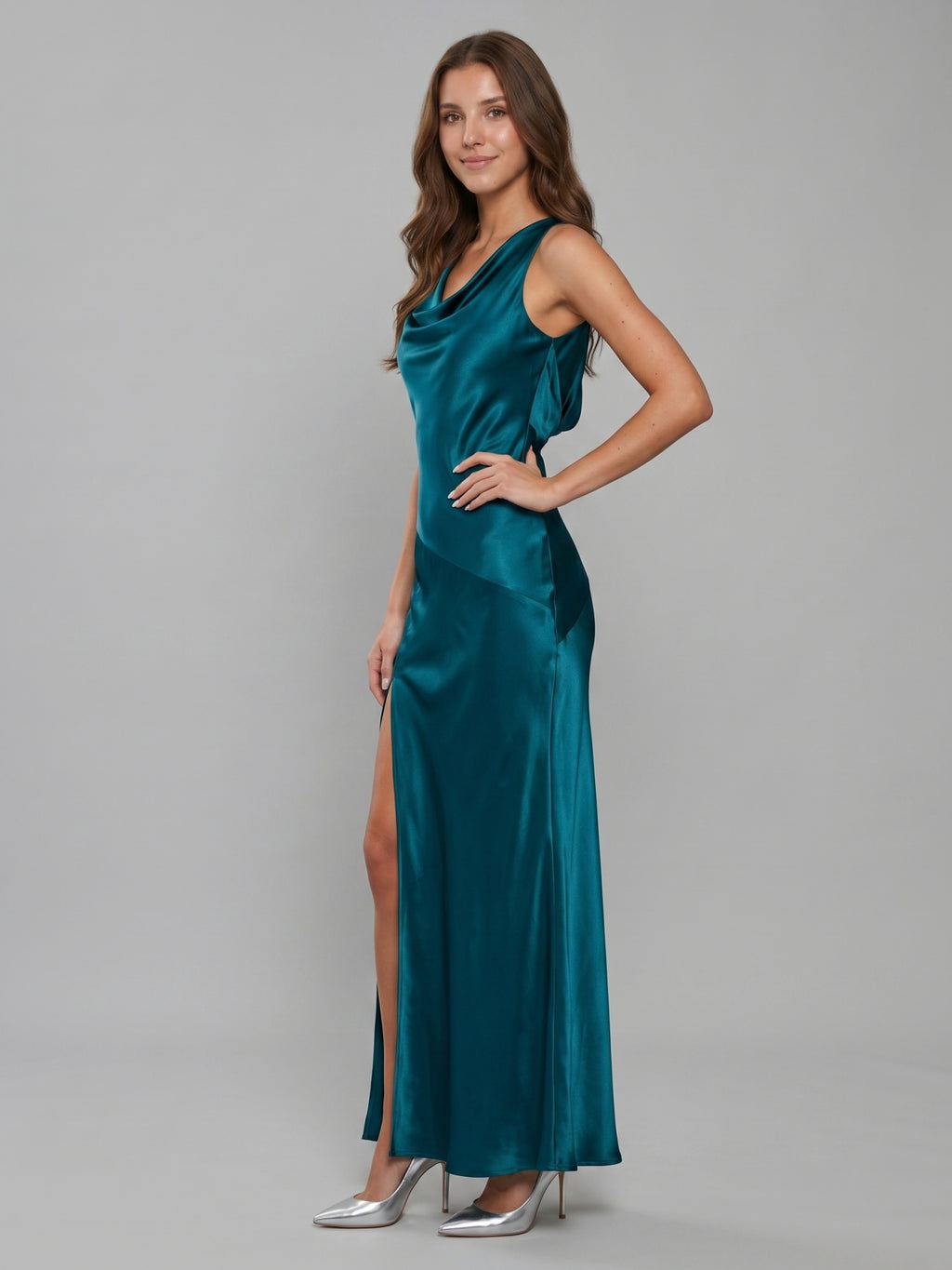 Teal Satin Sheath Cowl Neck Backless Ankle-Length Bridesmaid Dress