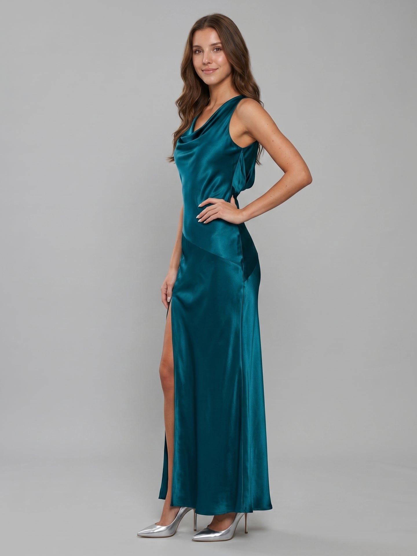 Teal Satin Sheath Cowl Neck Backless Ankle-Length Bridesmaid Dress