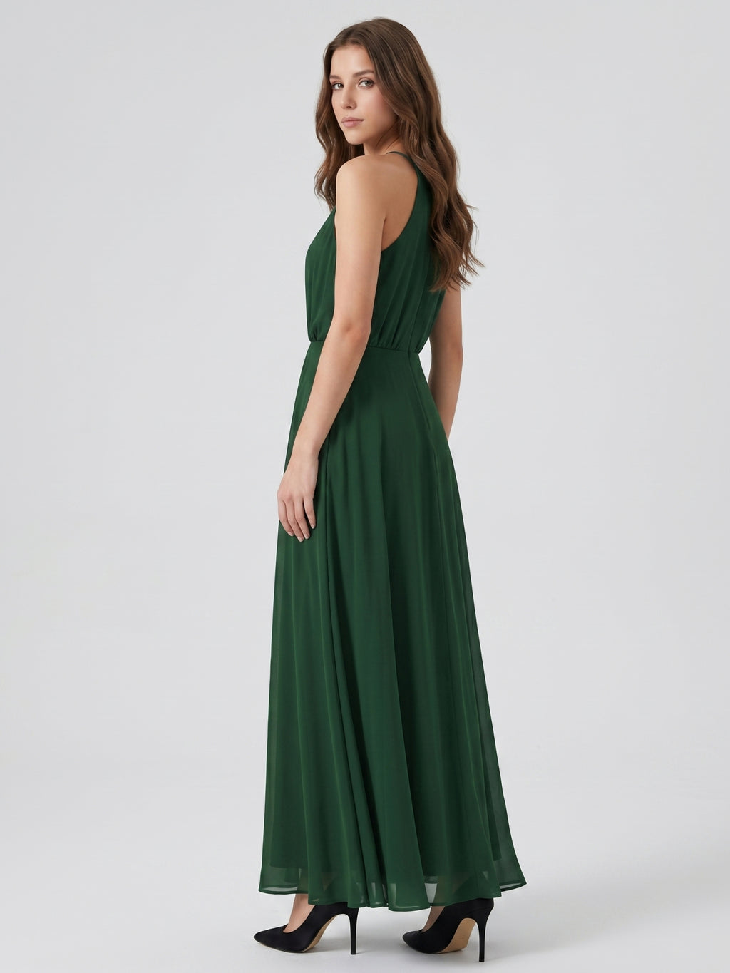 Forest Green Chiffon A-Line Halter Backless Floor-Length Pleated Bridesmaid Dress