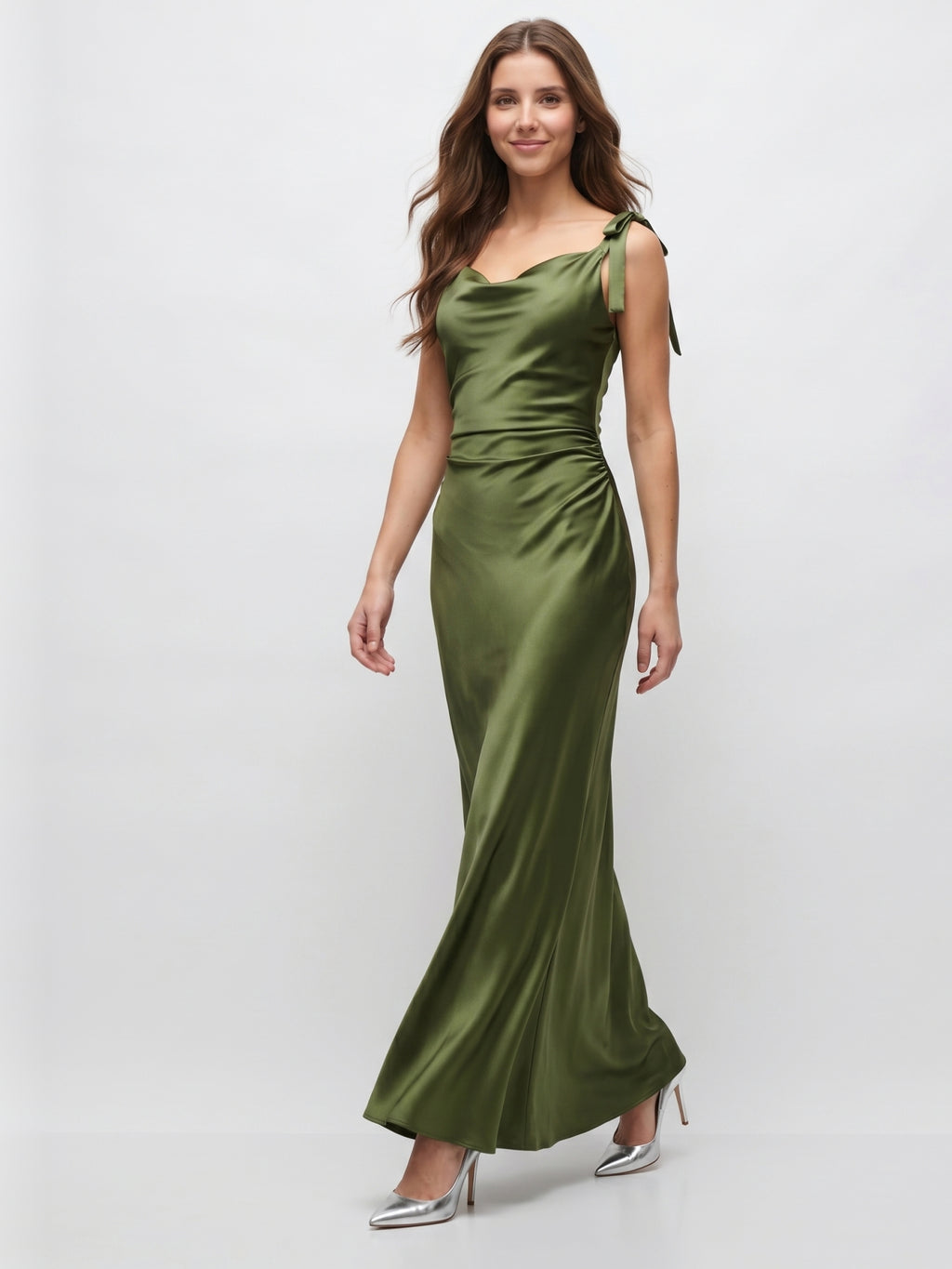 Olive Green Satin Mermaid Cowl Neck Backless Floor-Length Pleated Bridesmaid Dress