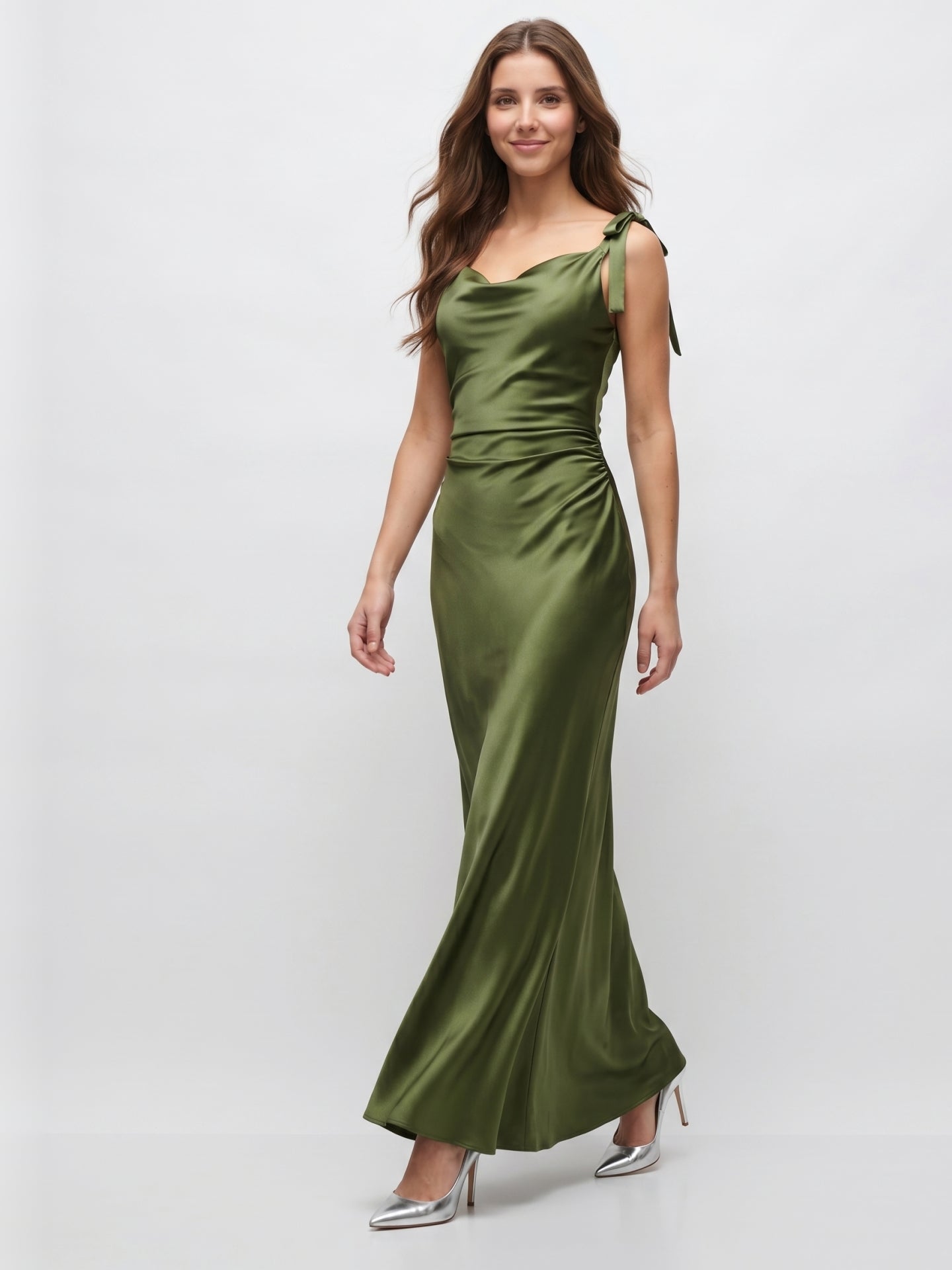 Olive Green Satin Mermaid Cowl Neck Backless Floor-Length Pleated Bridesmaid Dress