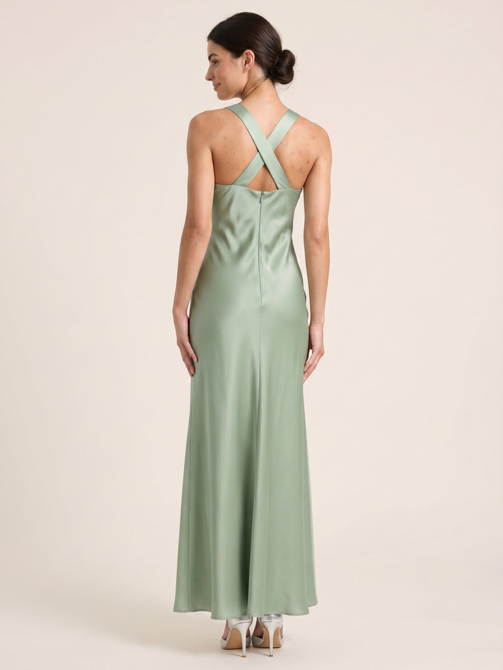 Refined Dusty Sage Satin column V-Neck Backless Ankle-Length  Bridesmaid Dress