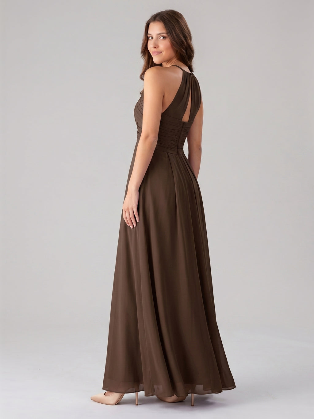 Mocha Chiffon A-Line Halter Keyhole Back Floor-Length Pleated Bridesmaid Dress