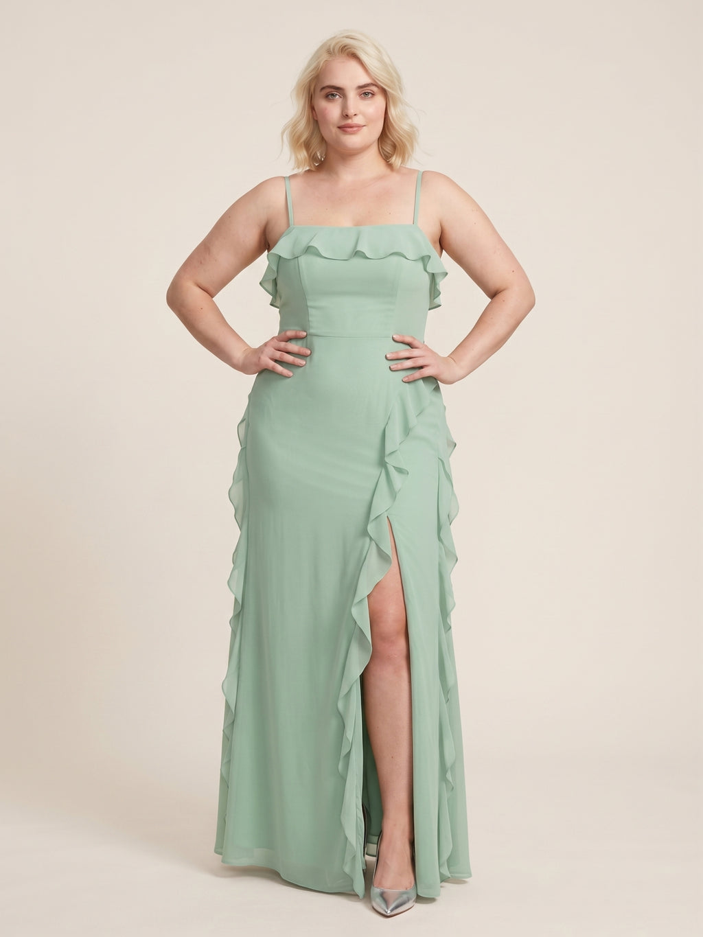 Elegant Mint Green Chiffon A-Line Straight Neck Backless with Ruffle Ankle-Length Plus Size Bridesmaid Dress