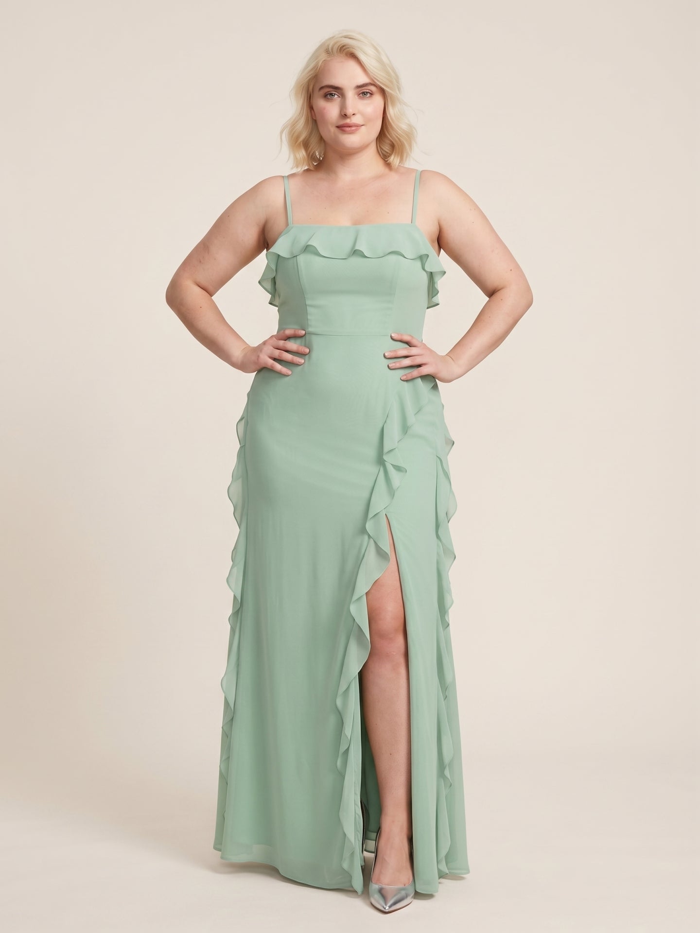 Elegant Mint Green Chiffon A-Line Straight Neck Backless with Ruffle Ankle-Length Plus Size Bridesmaid Dress