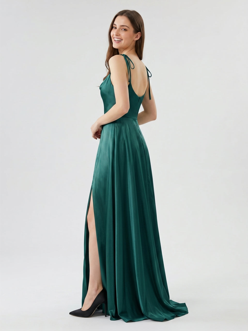 Peacock Satin A-Line Cowl Neck Backless Floor-Length Pleated Bridesmaid Dress