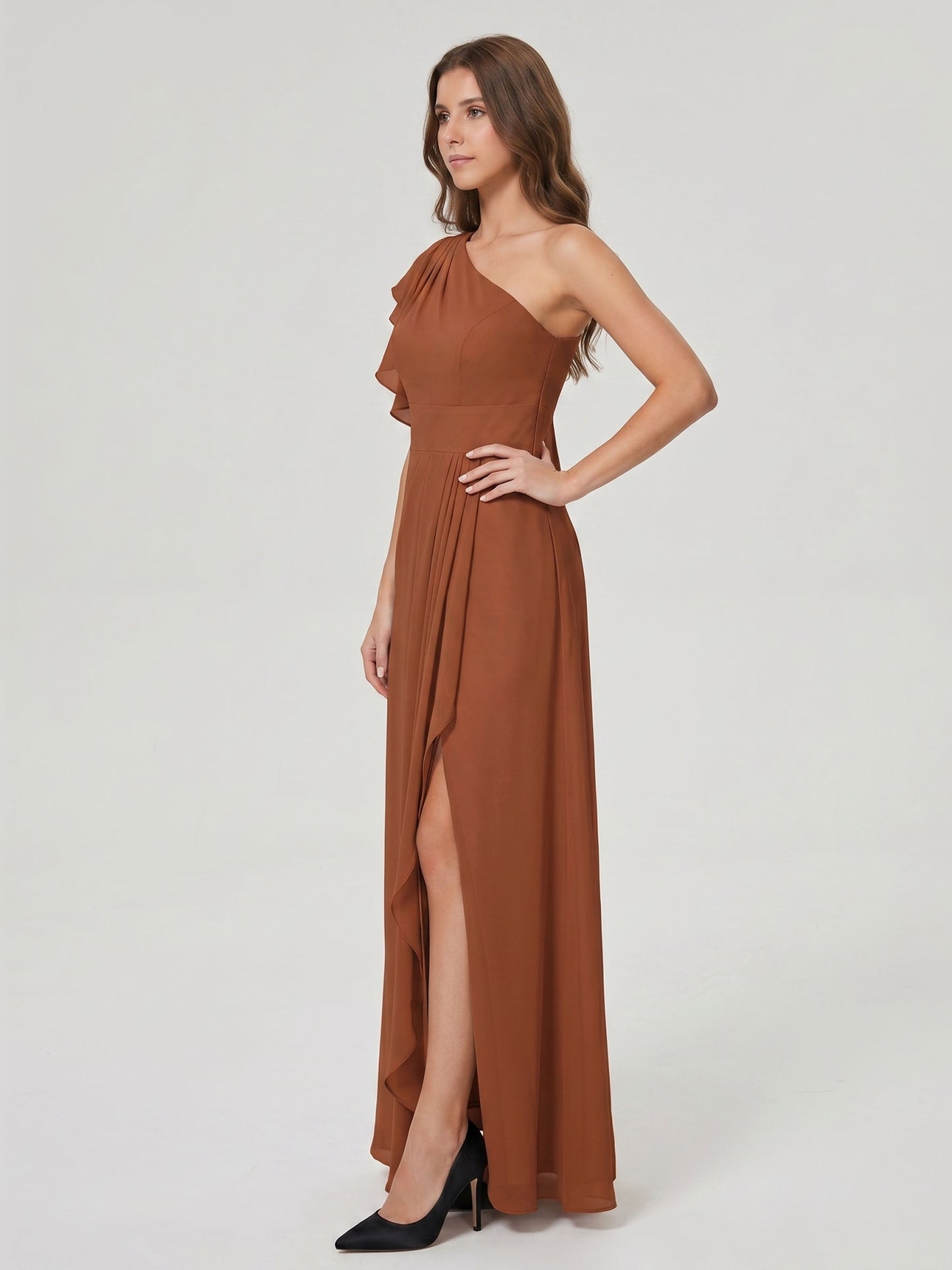 Terracotta Chiffon Sheath One Shoulder Back Zip Floor-Length Ruffle Bridesmaid Dress