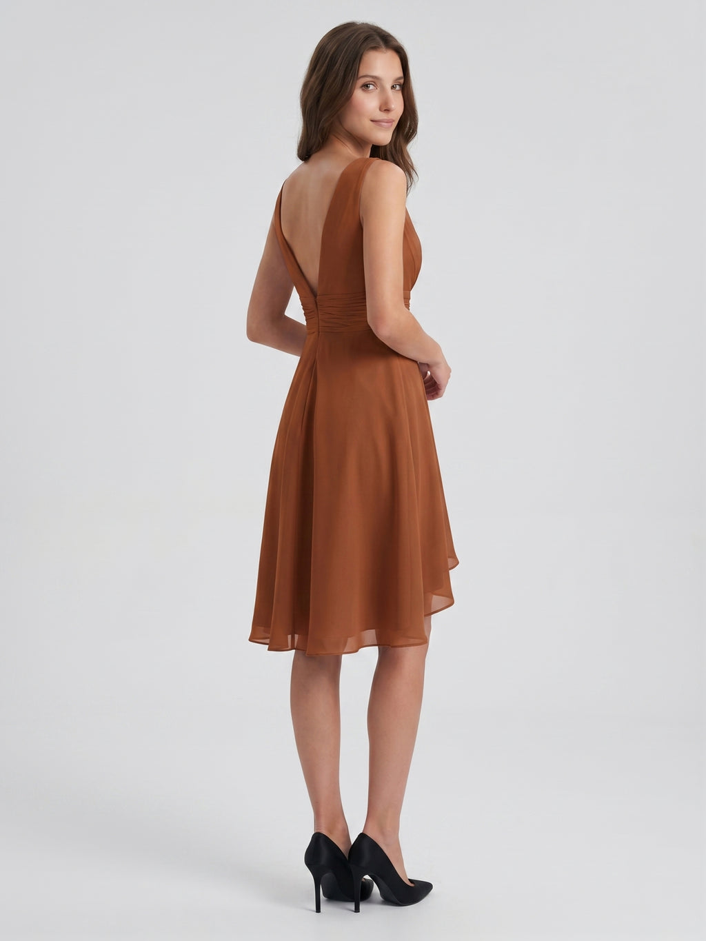 Terracotta Chiffon A-Line V-Neck V-Back Knee-Length Pleated Bridesmaid Dress