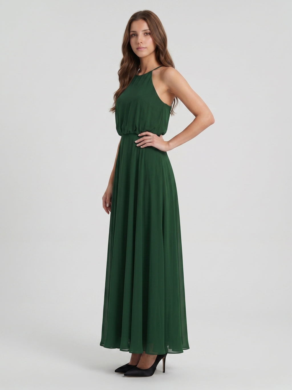 Forest Green Chiffon A-Line Halter Backless Floor-Length Pleated Bridesmaid Dress