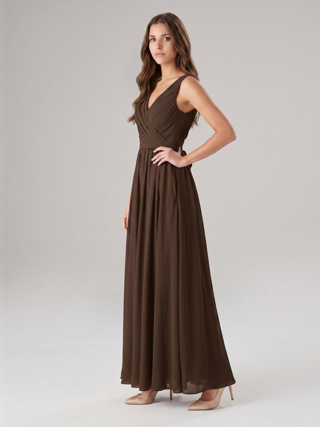 Mocha Chiffon A-Line V-Neck V-Back Floor-Length Bridesmaid Dress with Bow