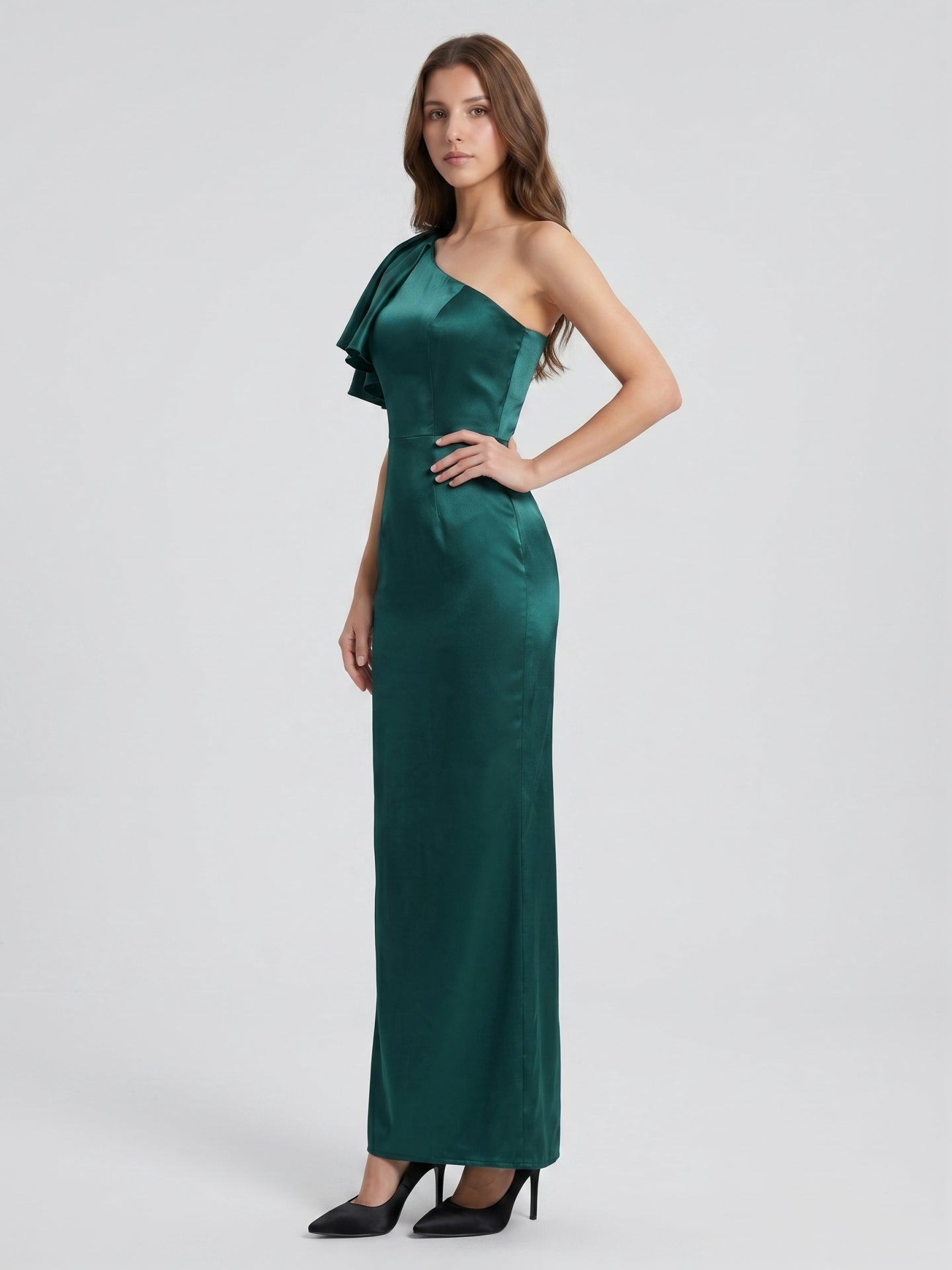 Peacock Satin Sheath One Shoulder Back Zip Floor-Length Ruffle Bridesmaid Dress