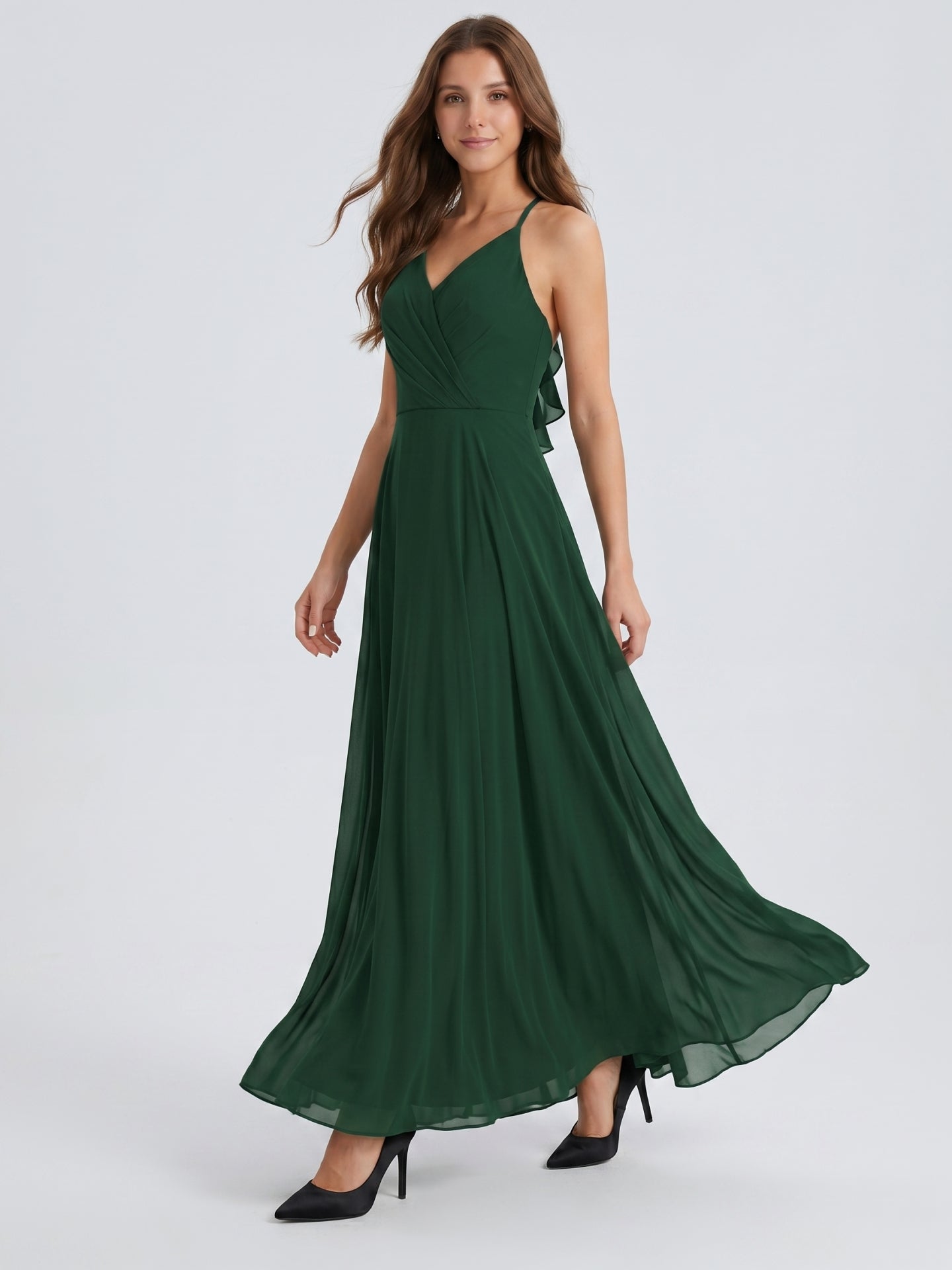 Forest Green Chiffon A-Line Halter Keyhole Back Floor-Length Ruffle Bridesmaid Dress