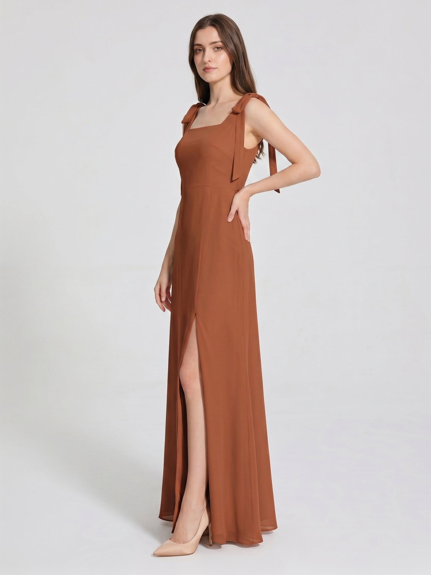 Terracotta Chiffon A-Line Square Neck Backless Floor-Length Bridesmaid Dress with Bow