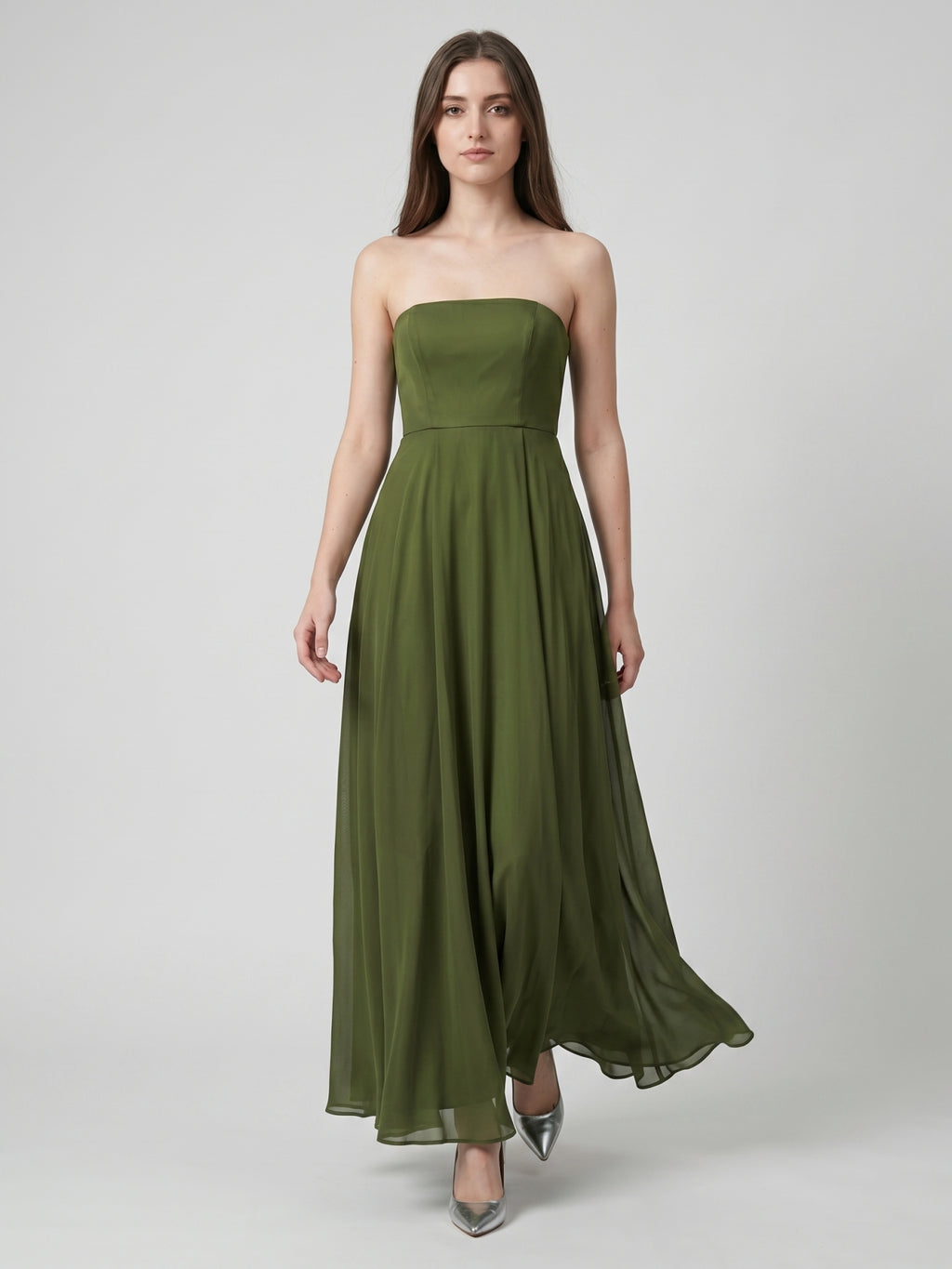 Olive Green Chiffon A-Line Off-the-Shoulder Backless Floor-Length Bridesmaid Dress