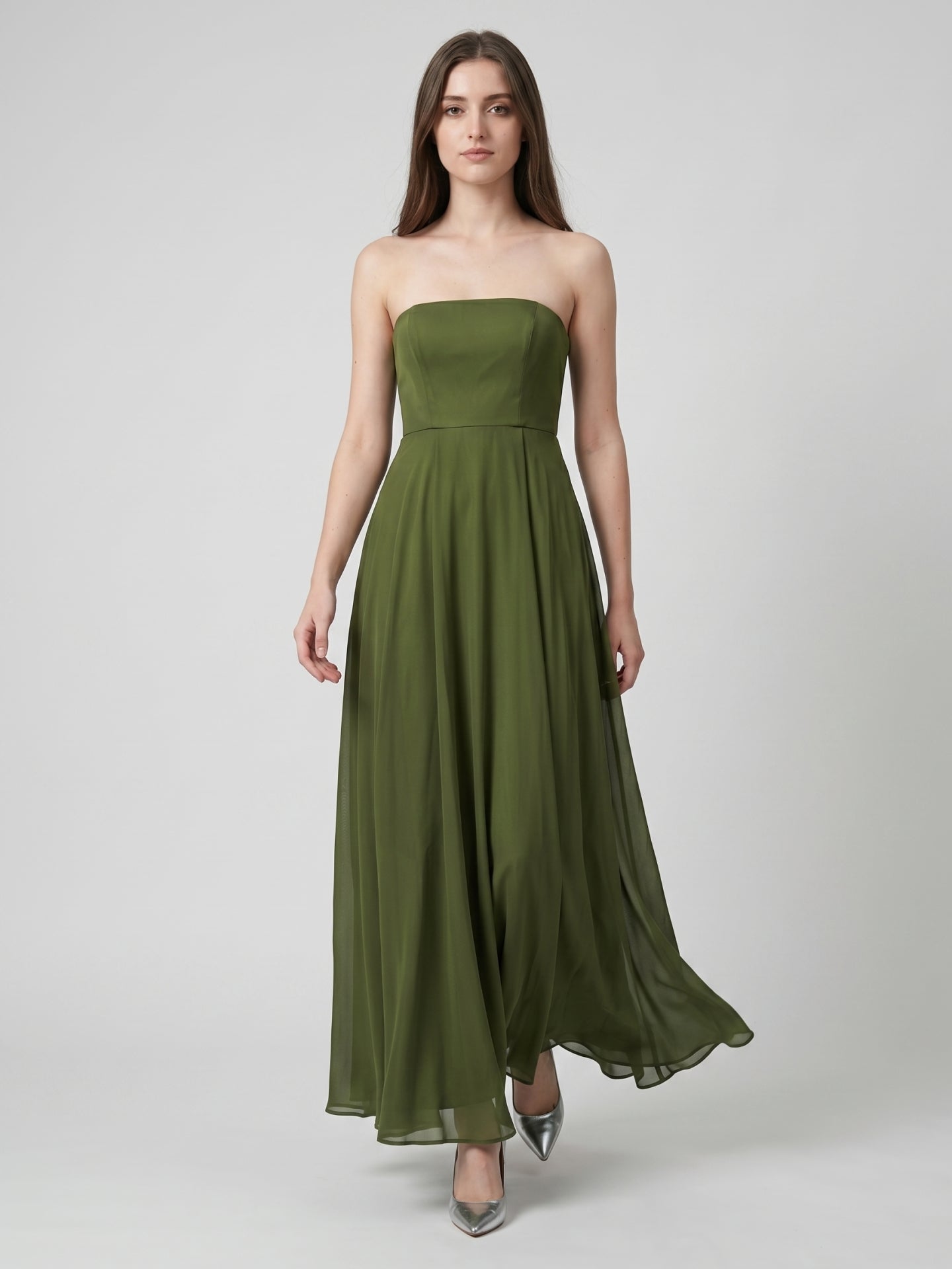 Olive Green Chiffon A-Line Off-the-Shoulder Backless Floor-Length Bridesmaid Dress