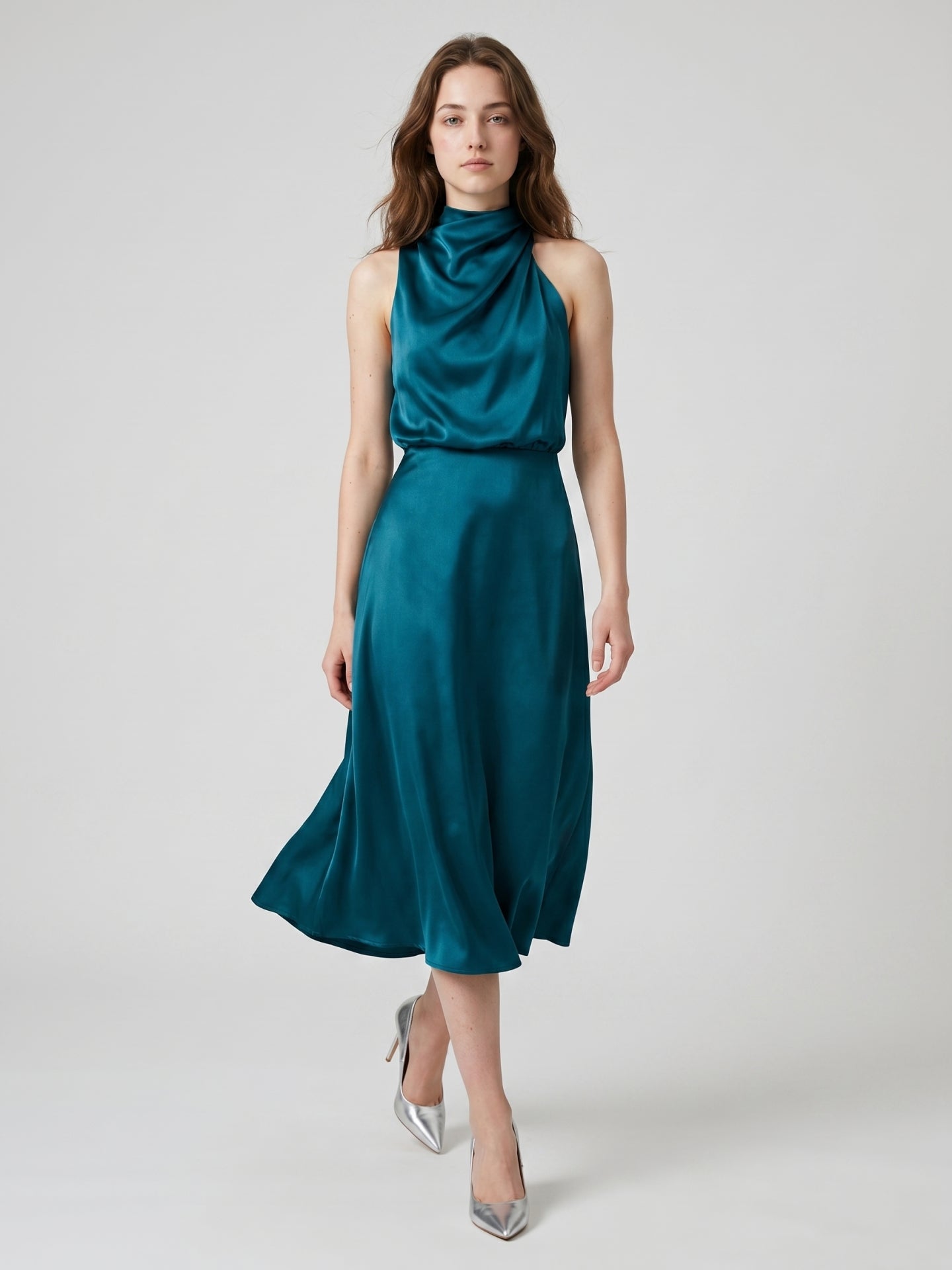 Teal Satin Sheath Scoop Neck Back Zip Tea-Length Bridesmaid Dress