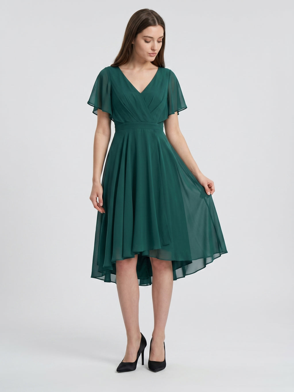 Peacock Chiffon A-Line V-Neck Back Zip Asymmetrical Pleated Bridesmaid Dress
