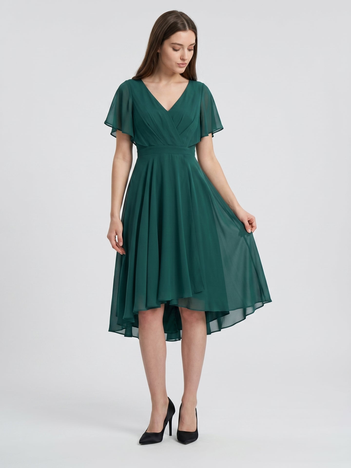 Peacock Chiffon A-Line V-Neck Back Zip Asymmetrical Pleated Bridesmaid Dress
