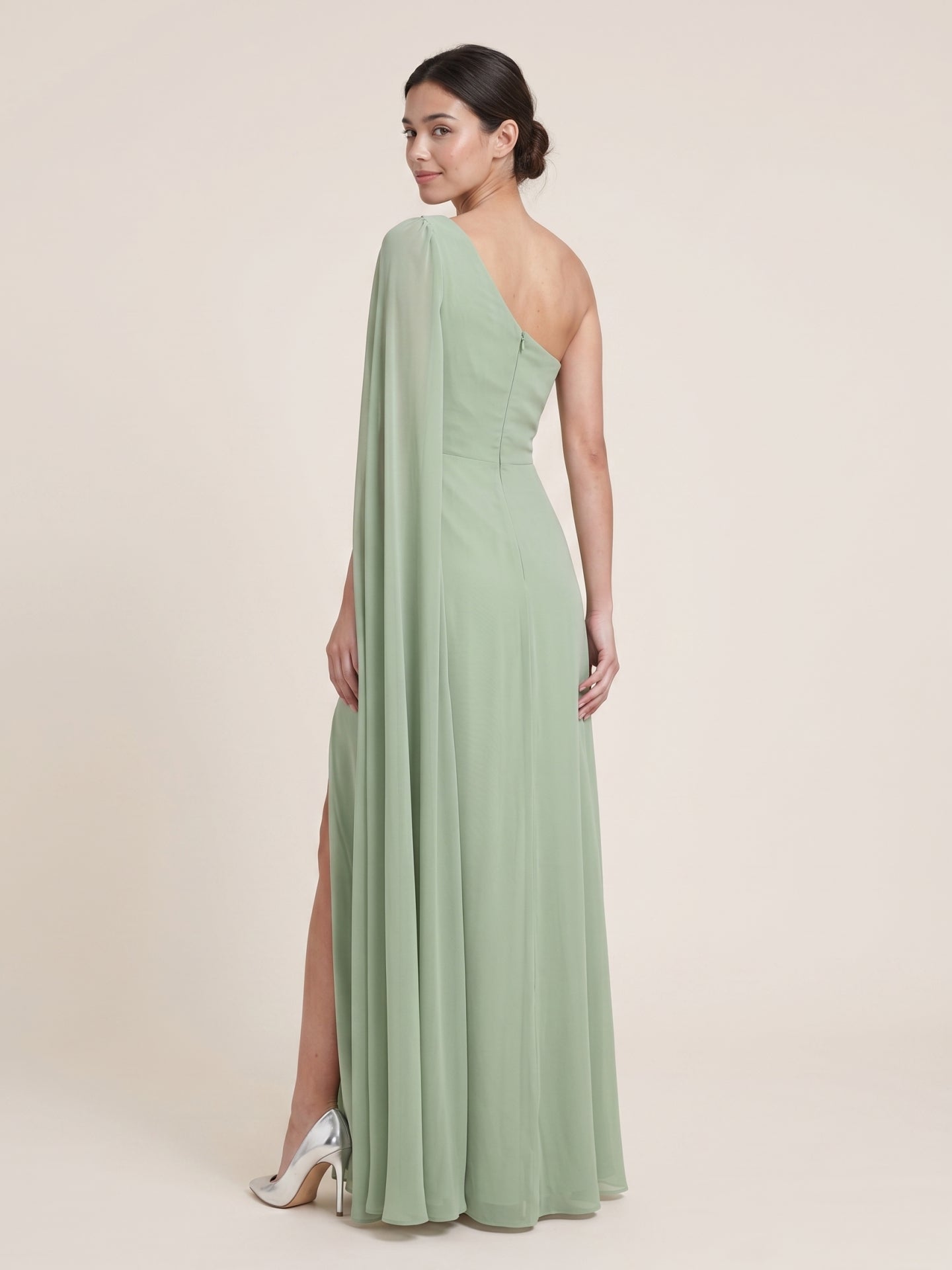 Modern Dusty Sage Chiffon A-Line One Shoulder Side Zip Ankle-Length Bridesmaid Dress