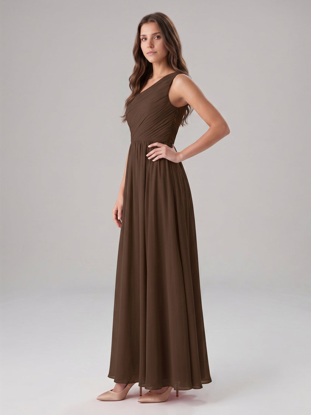 Mocha Chiffon A-Line One Shoulder Back Zip Floor-Length Pleated Bridesmaid Dress