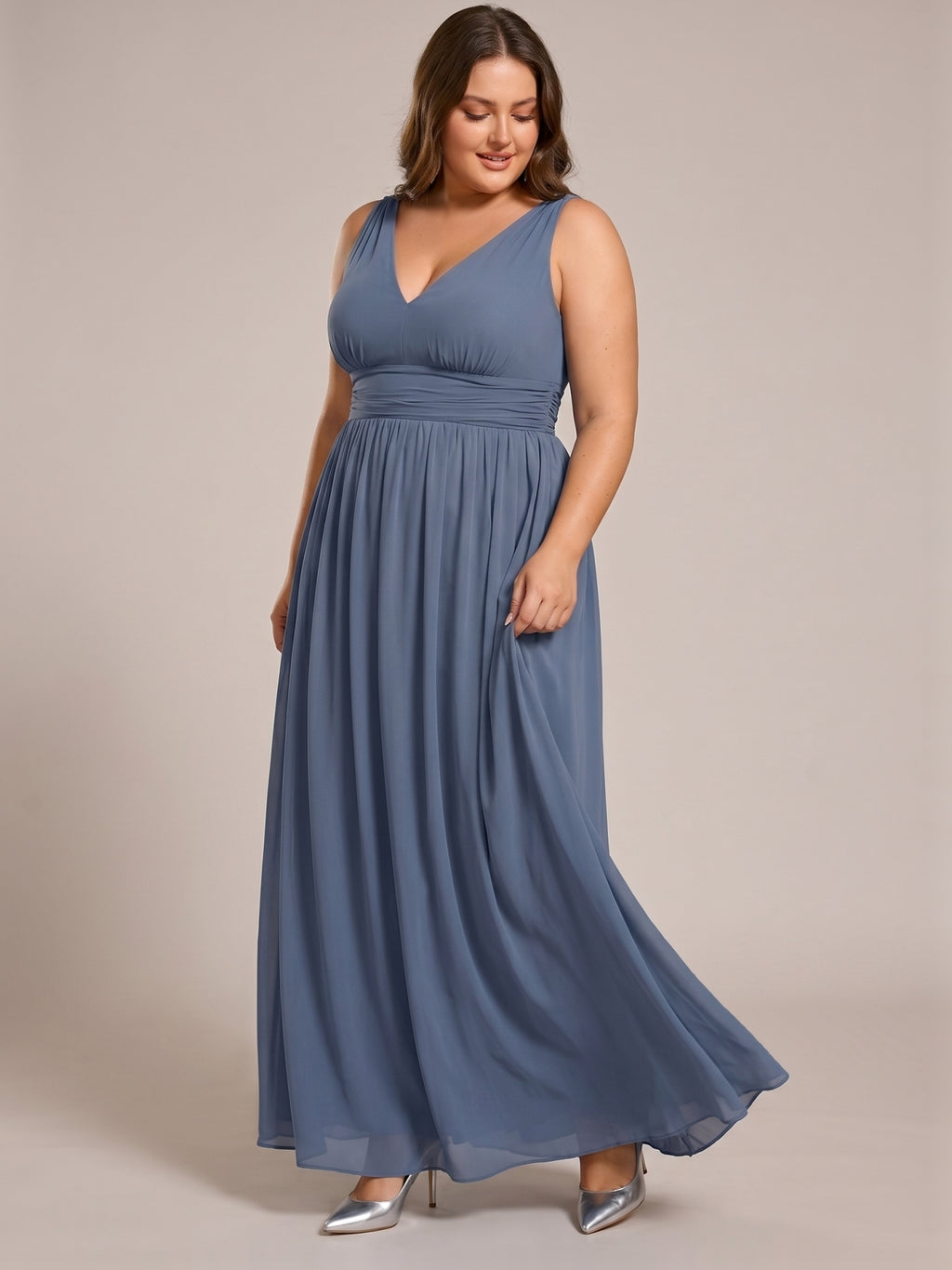 Simple Stormy Chiffon Empire V-Neck Back Zip Ankle-Length Plus Size Bridesmaid Dress
