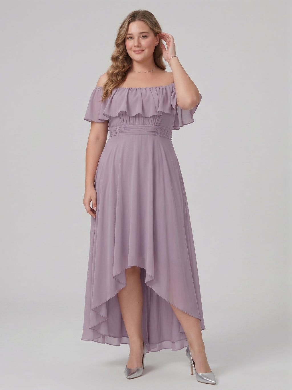 Sweet & Flowy lavender Chiffon A-Line Off-the-Shoulder Backless Asymmetrical Plus Size Bridesmaid Dress