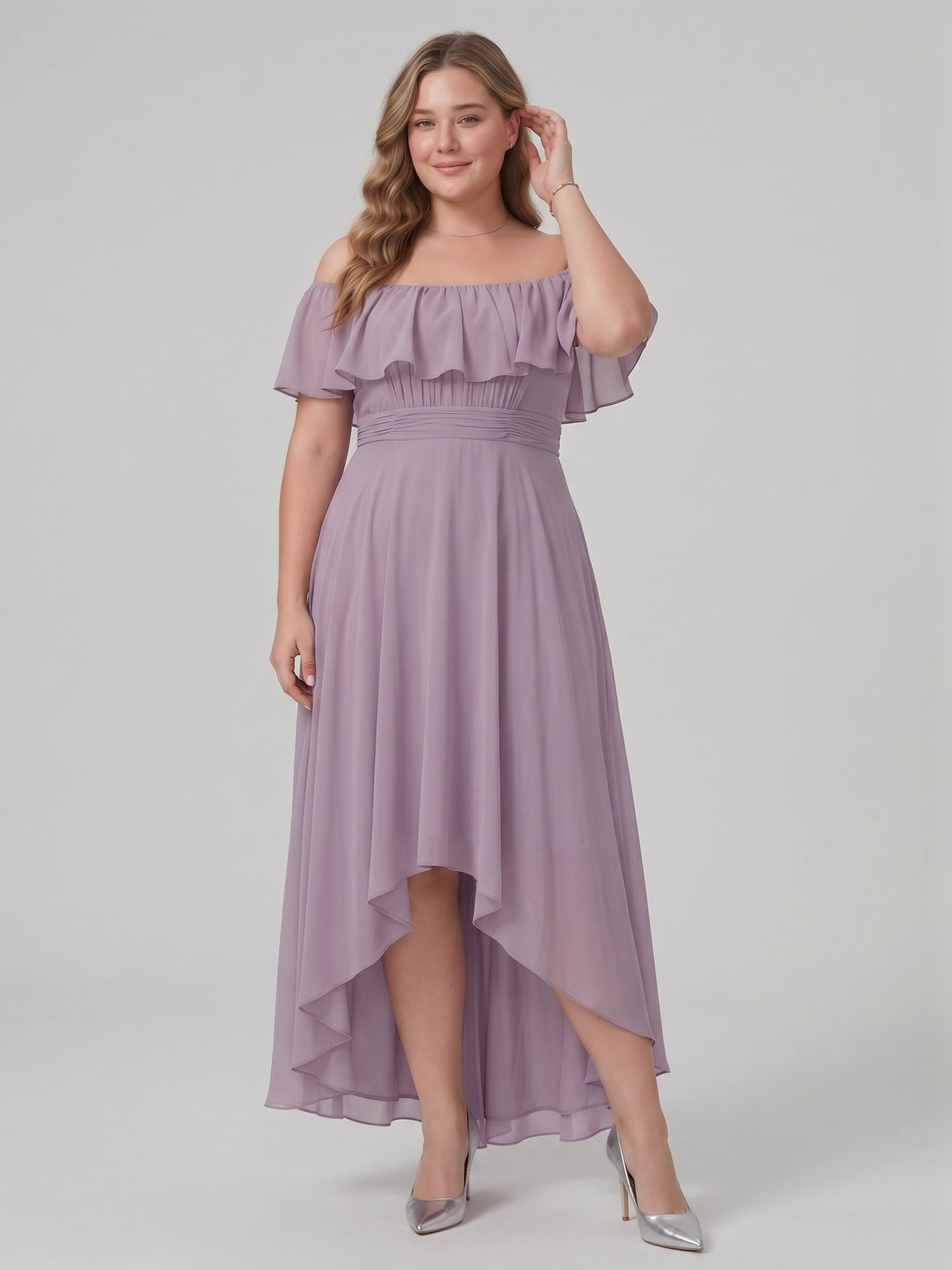 Sweet & Flowy lavender Chiffon A-Line Off-the-Shoulder Backless Asymmetrical Plus Size Bridesmaid Dress