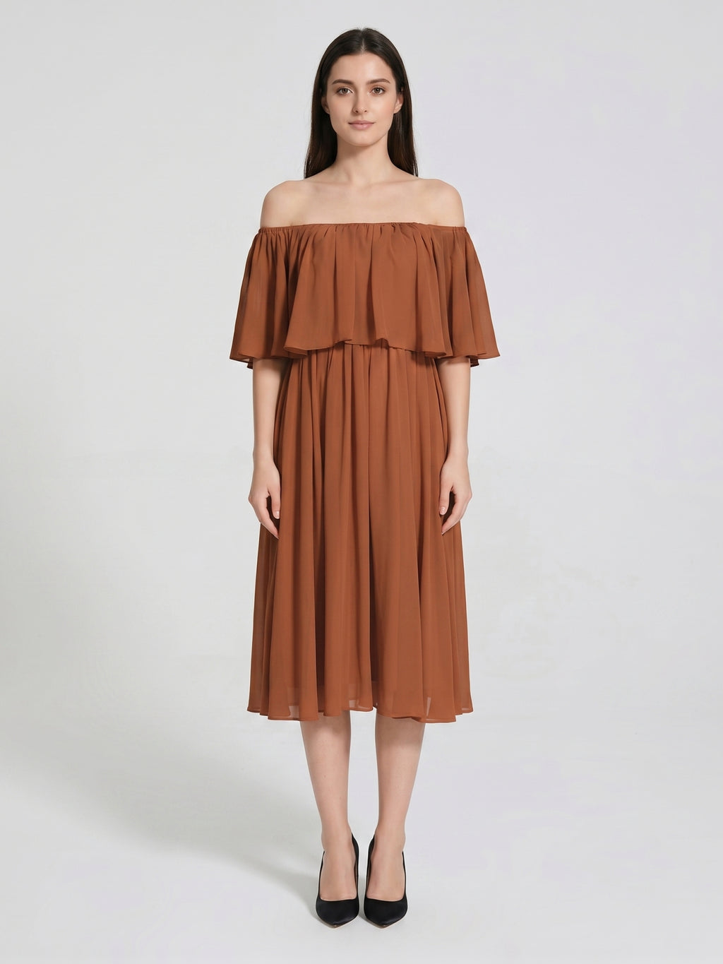Terracotta Chiffon A-Line Off-the-Shoulder Backless Tea-Length Ruffle Bridesmaid Dress