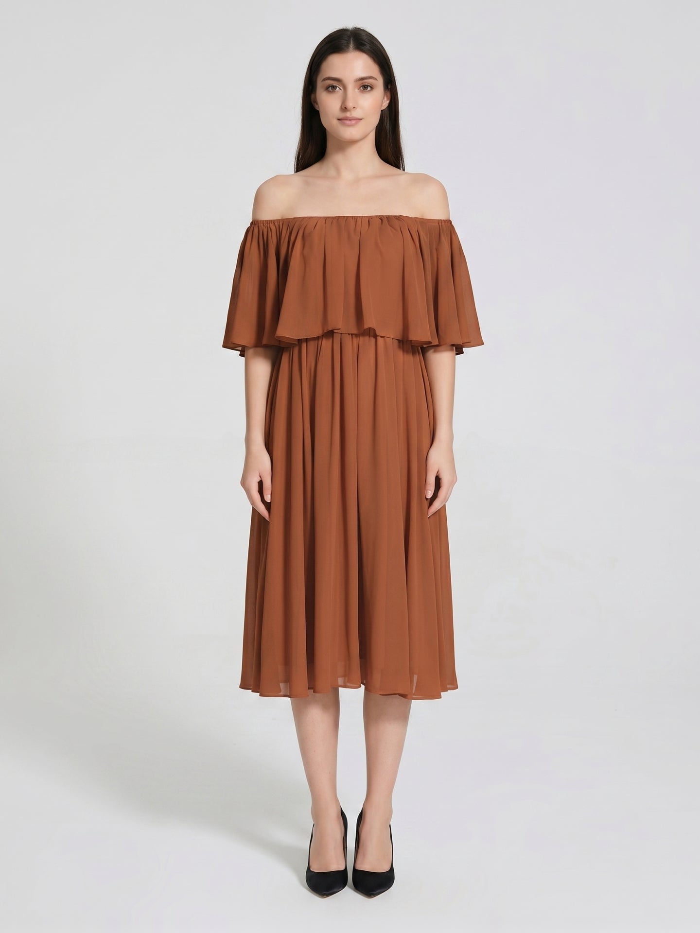 Terracotta Chiffon A-Line Off-the-Shoulder Backless Tea-Length Ruffle Bridesmaid Dress