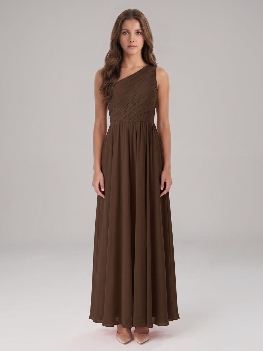 Mocha Chiffon A-Line One Shoulder Back Zip Floor-Length Pleated Bridesmaid Dress
