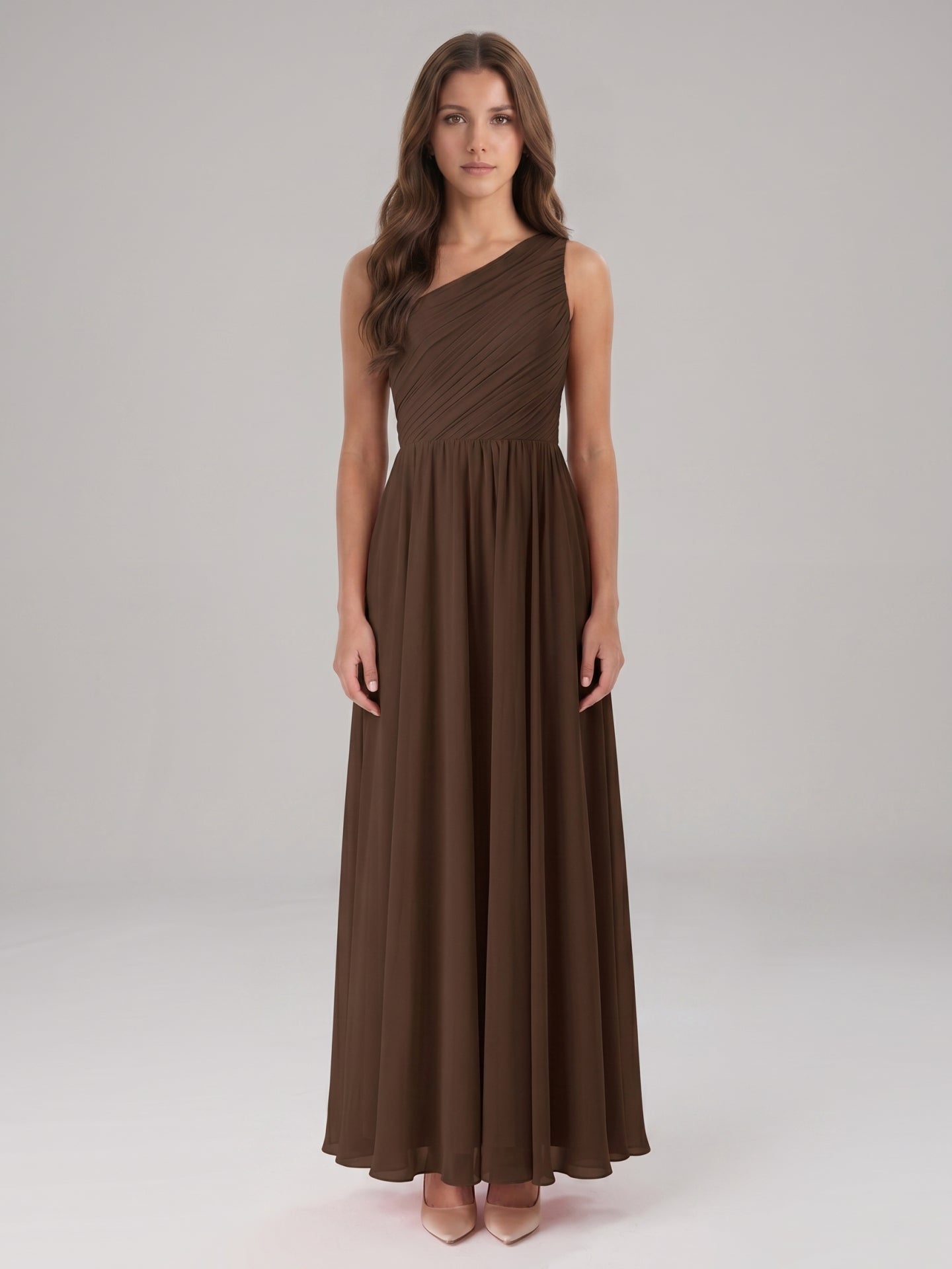Mocha Chiffon A-Line One Shoulder Back Zip Floor-Length Pleated Bridesmaid Dress