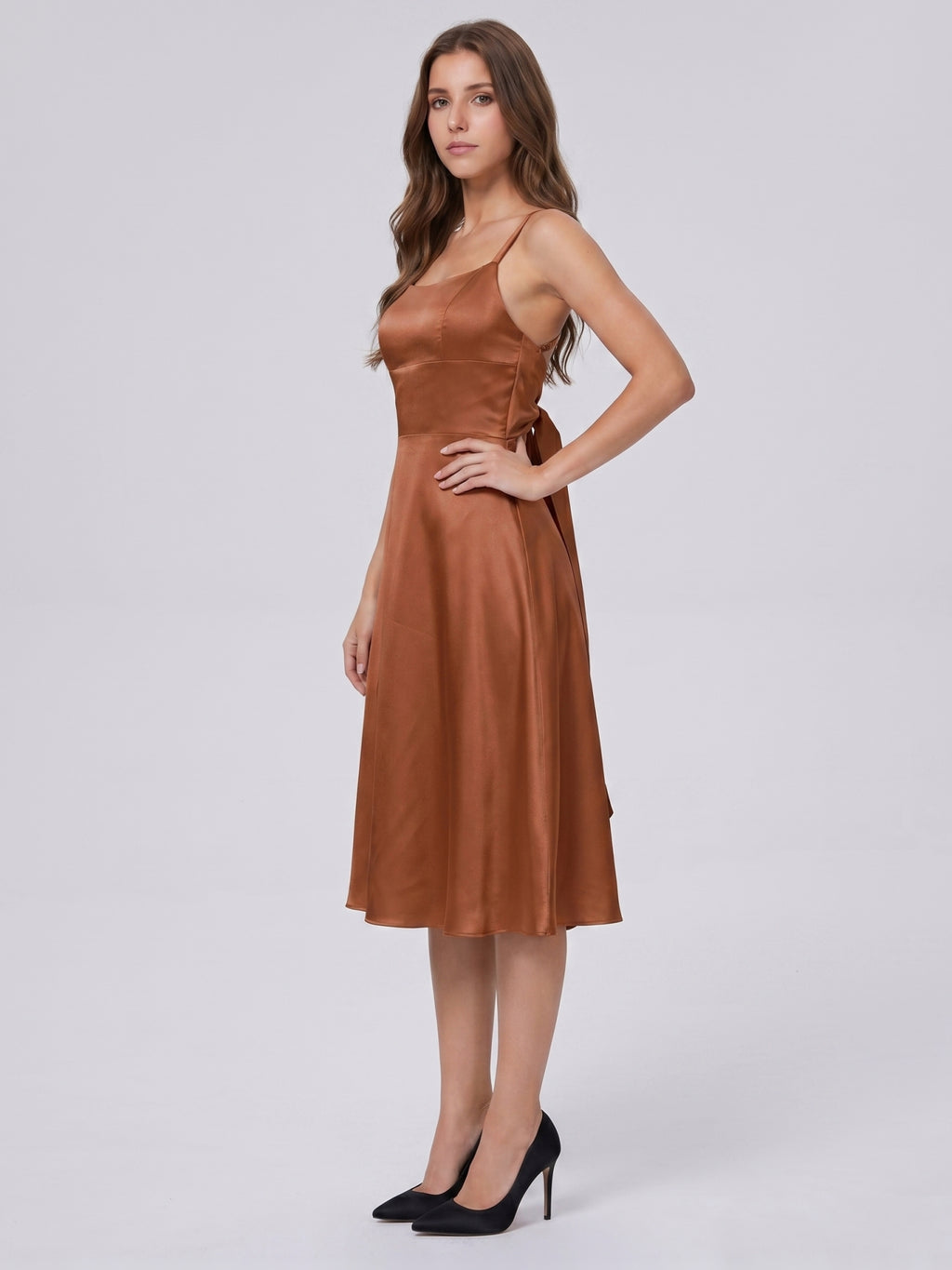 Terracotta Satin A-Line Scoop Neck Criss-Cross Back Knee-Length Bridesmaid Dress with Bow