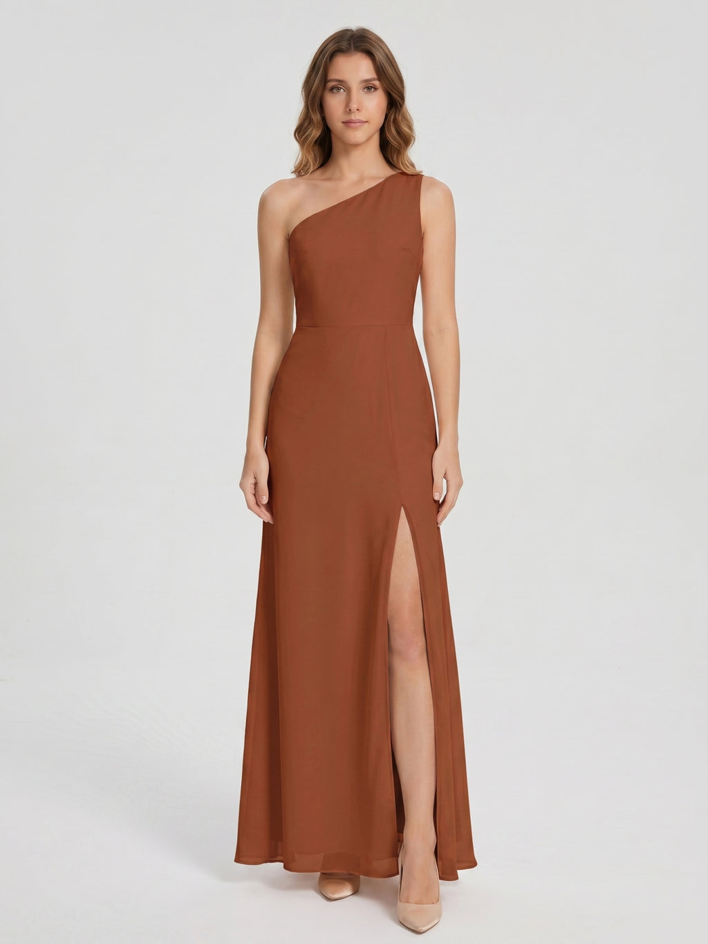 Terracotta Chiffon Column One Shoulder Side Zip Ankle-Length Bridesmaid Dress