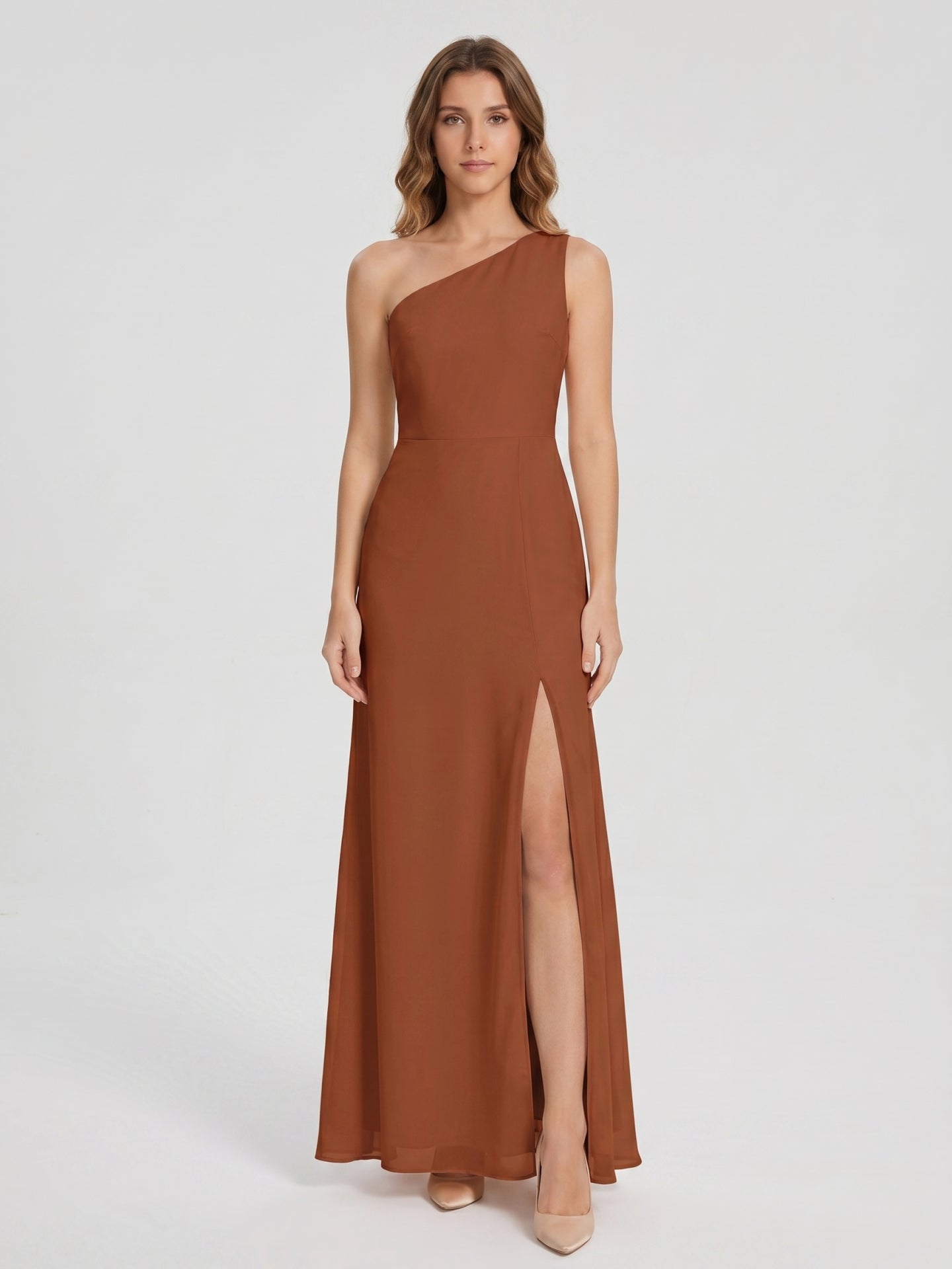 Terracotta Chiffon Column One Shoulder Side Zip Ankle-Length Bridesmaid Dress