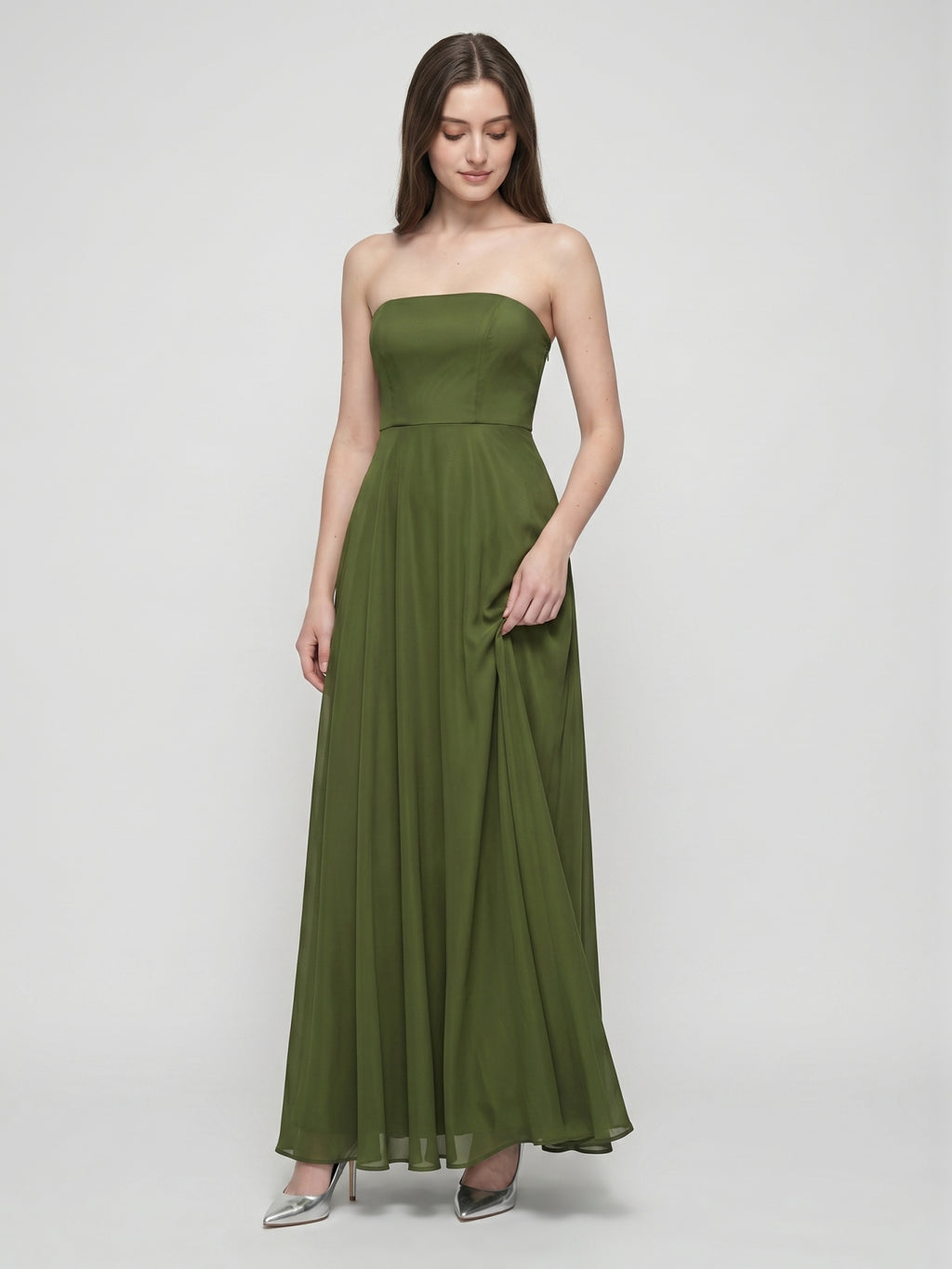 Olive Green Chiffon A-Line Off-the-Shoulder Backless Floor-Length Bridesmaid Dress