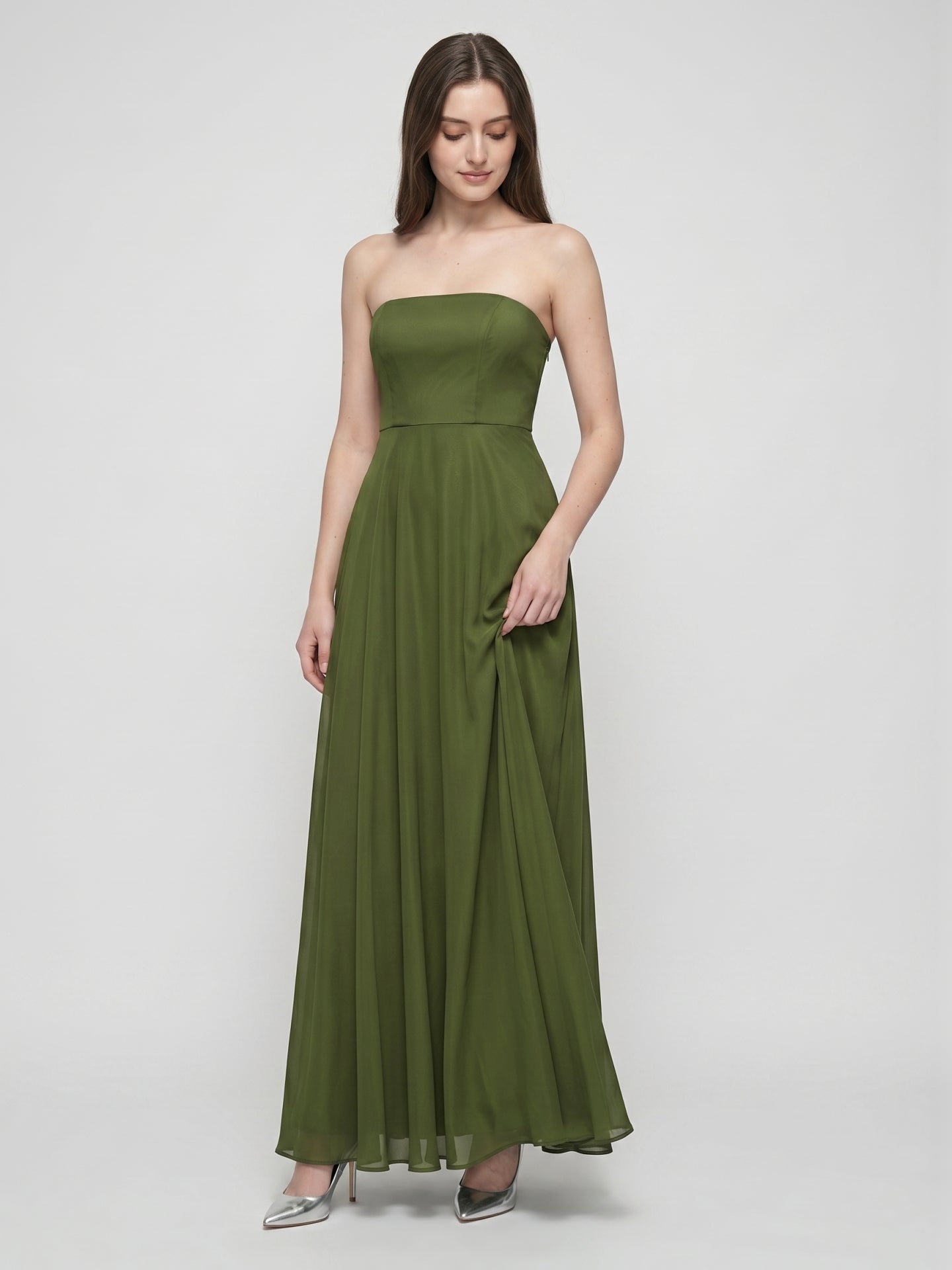 Olive Green Chiffon A-Line Off-the-Shoulder Backless Floor-Length Bridesmaid Dress
