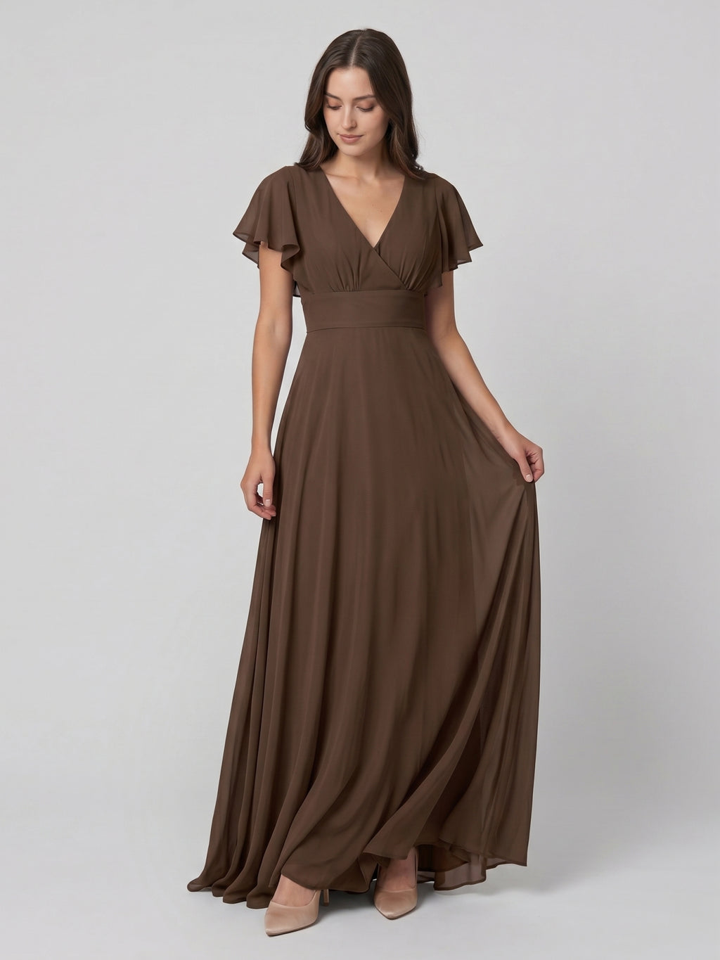 Mocha Chiffon A-Line V-Neck Back Zip Floor-Length Ruffle Bridesmaid Dress