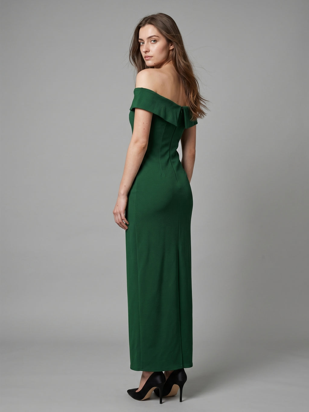 Emerald Stretch Knit Mermaid Off-the-Shoulder Backless Floor-Length Bridesmaid Dress