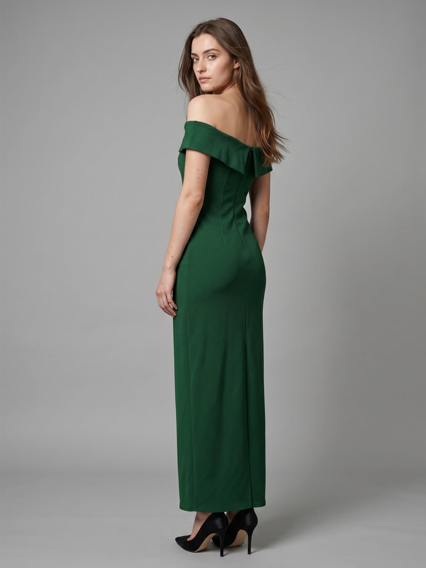 Emerald Stretch Knit Mermaid Off-the-Shoulder Backless Floor-Length Bridesmaid Dress