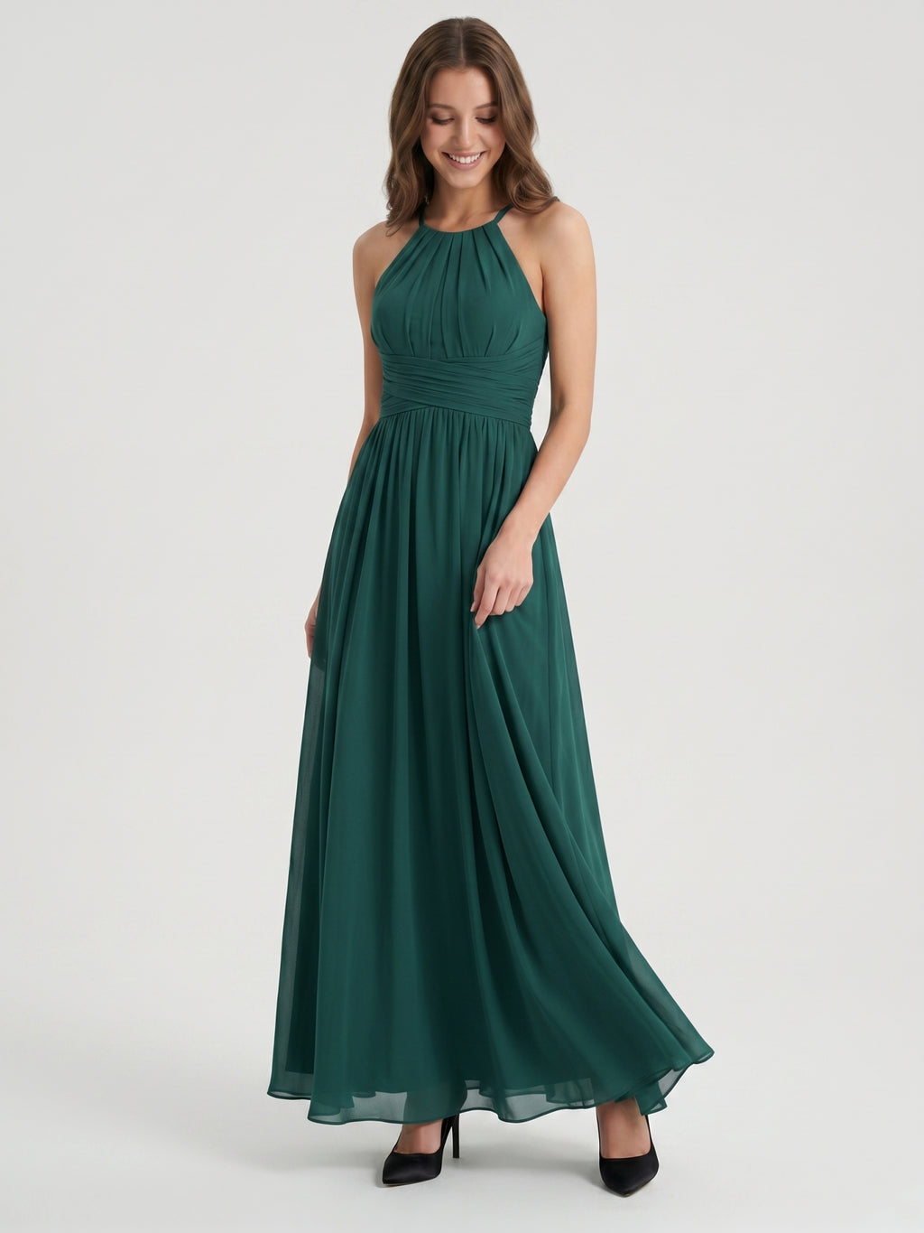 Peacock Chiffon A-Line Halter Criss-Cross Back Floor-Length Pleated Bridesmaid Dress