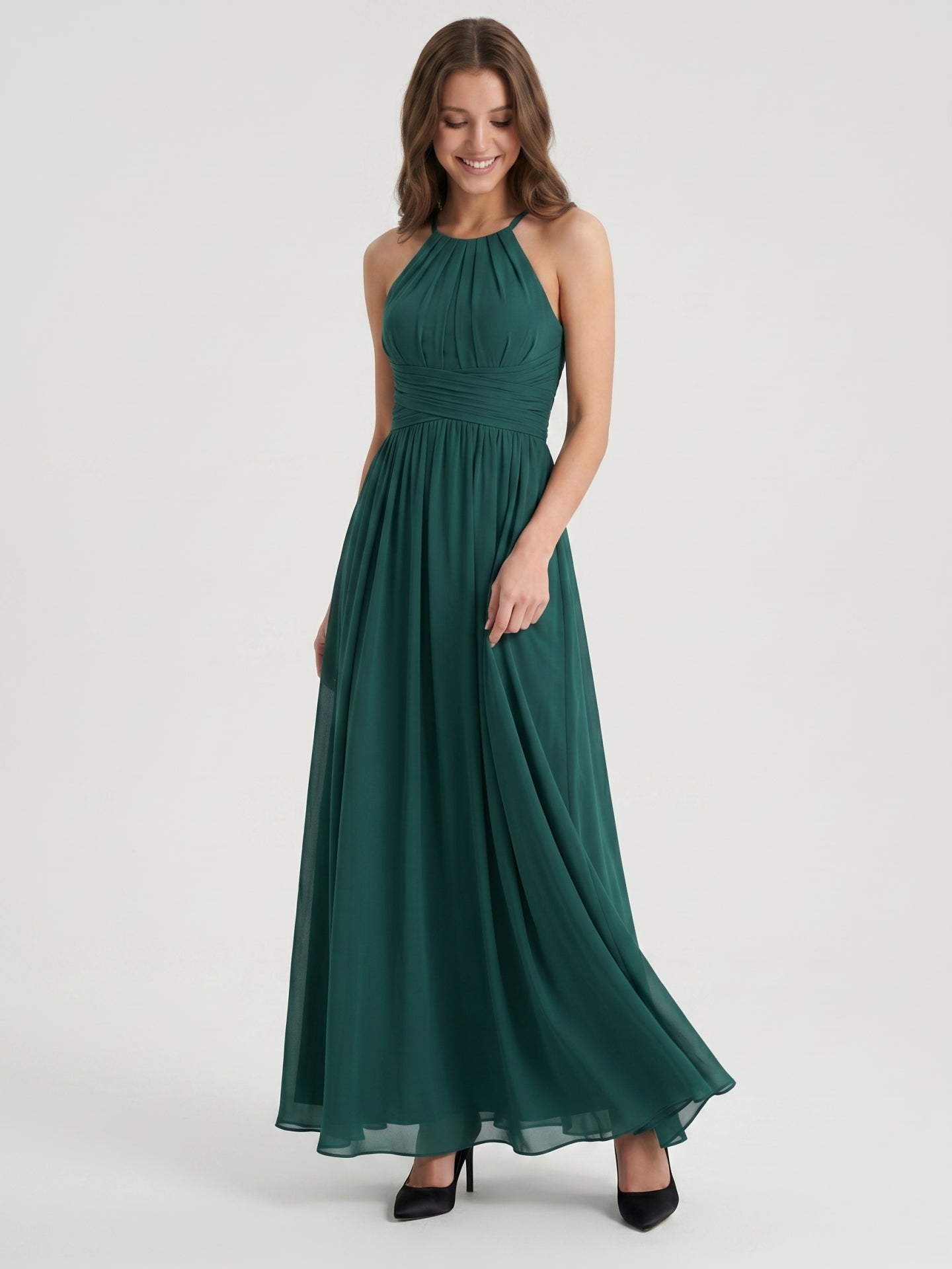 Peacock Chiffon A-Line Halter Criss-Cross Back Floor-Length Pleated Bridesmaid Dress
