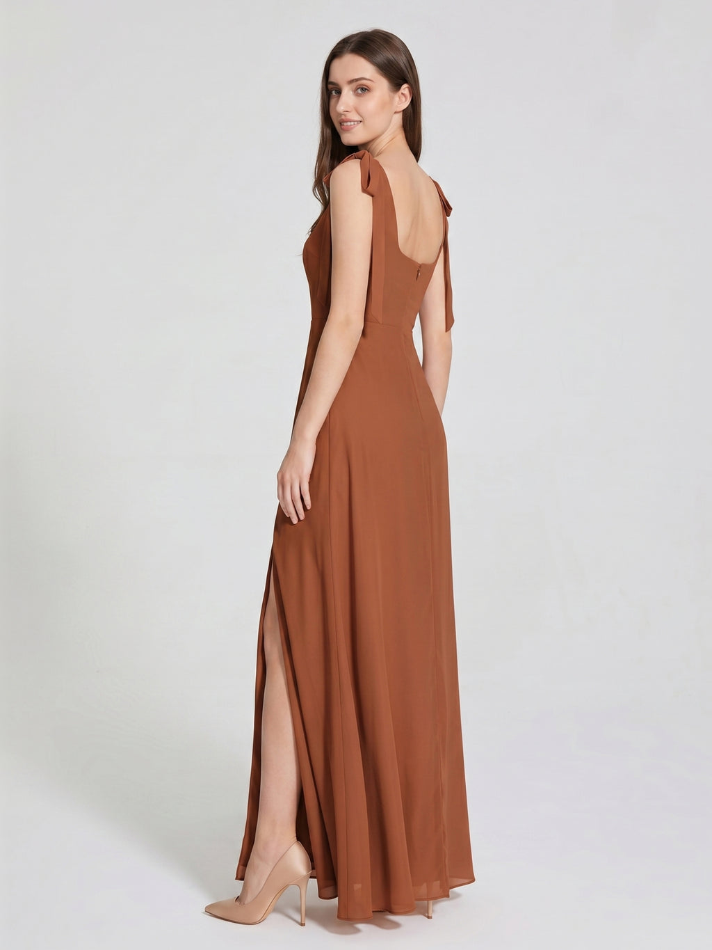 Terracotta Chiffon A-Line Square Neck Backless Floor-Length Bridesmaid Dress with Bow