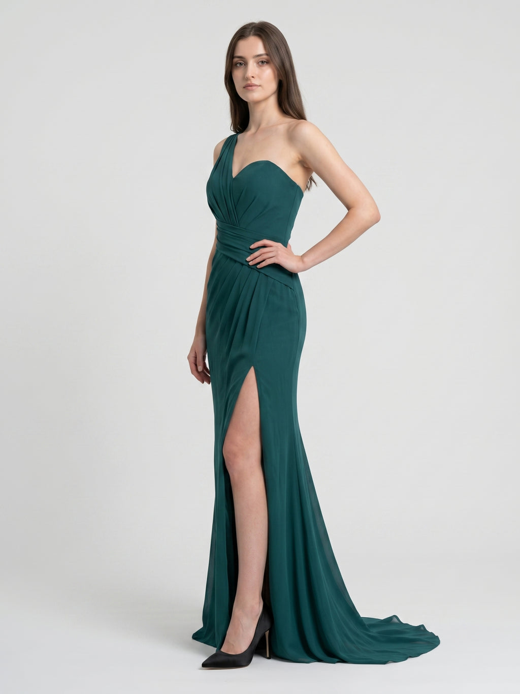 Peacock Chiffon Sheath One Shoulder Back Zip Floor-Length Pleated Bridesmaid Dress