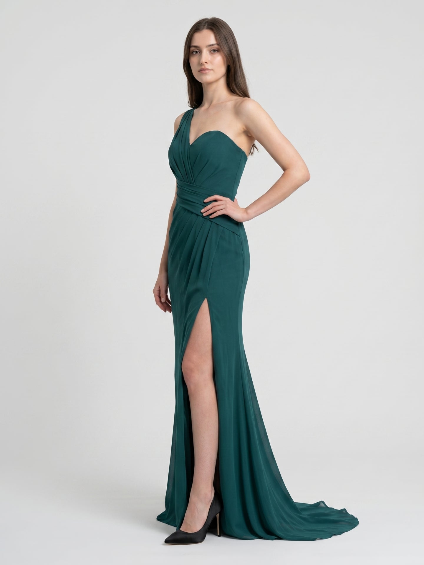 Peacock Chiffon Sheath One Shoulder Back Zip Floor-Length Pleated Bridesmaid Dress