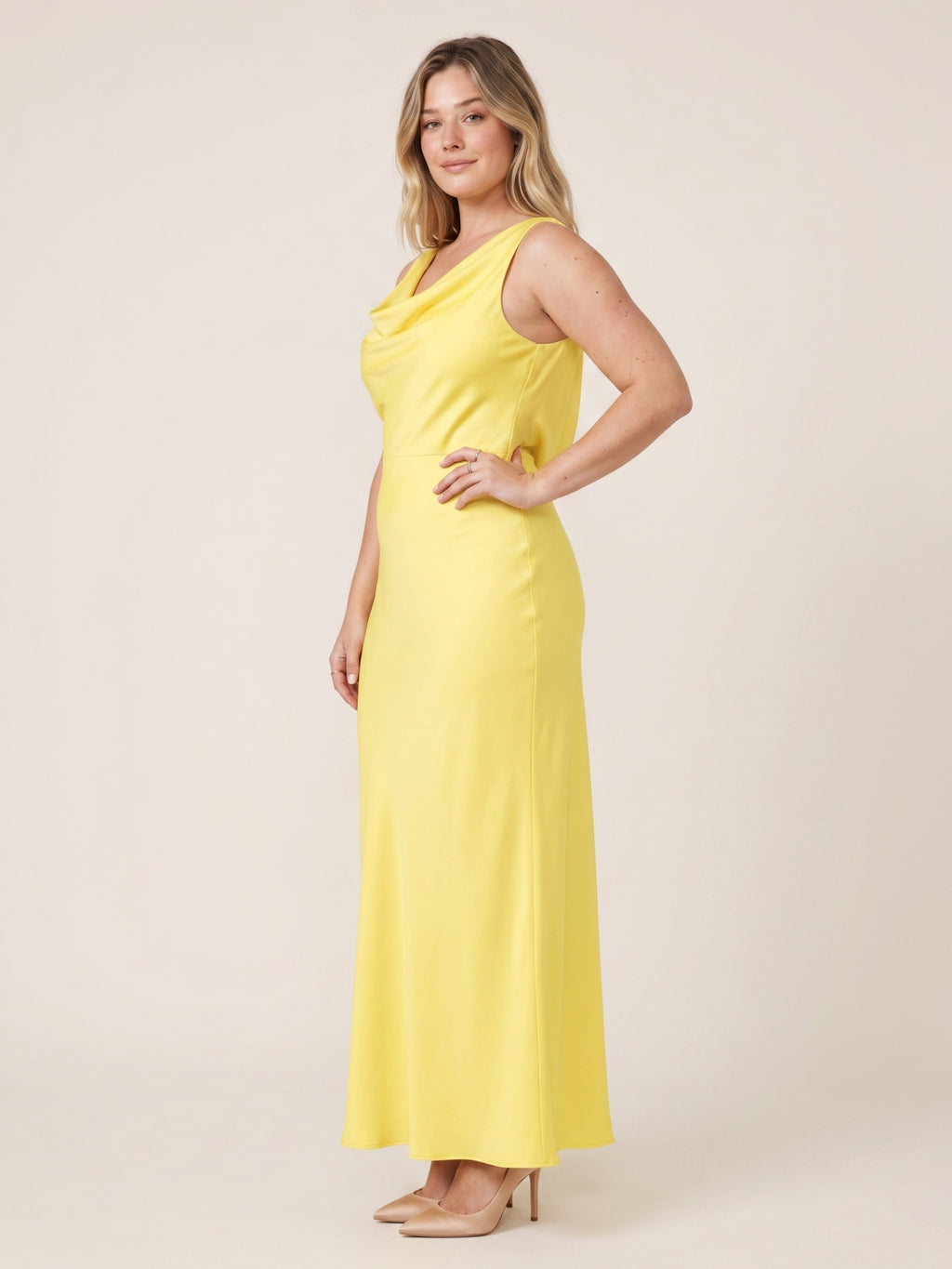 Romantic Lemon Matte Satin A-Line Cowl Neck Backless Ankle-Length  Bridesmaid Dress