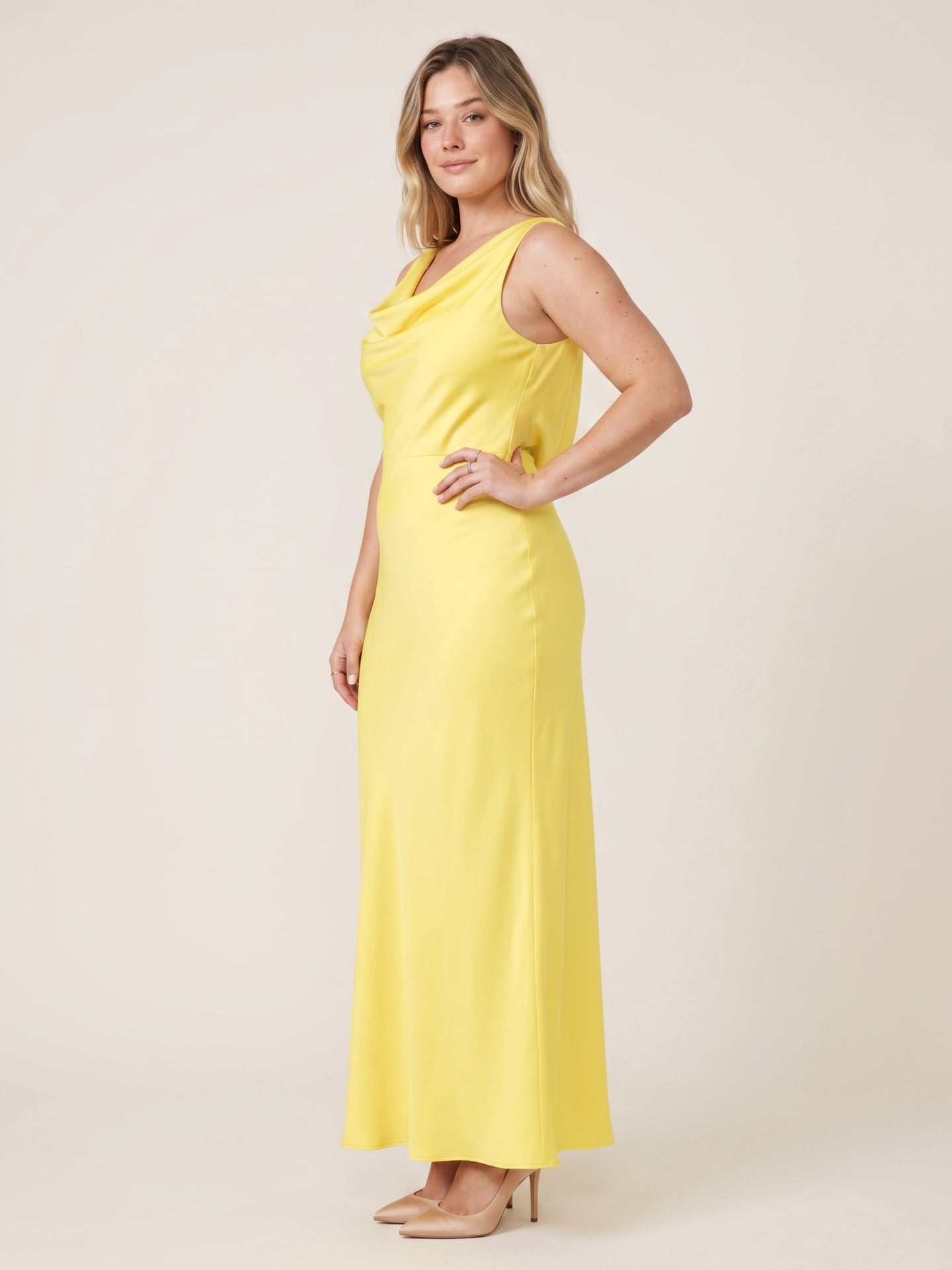 Romantic Lemon Matte Satin A-Line Cowl Neck Backless Ankle-Length  Bridesmaid Dress