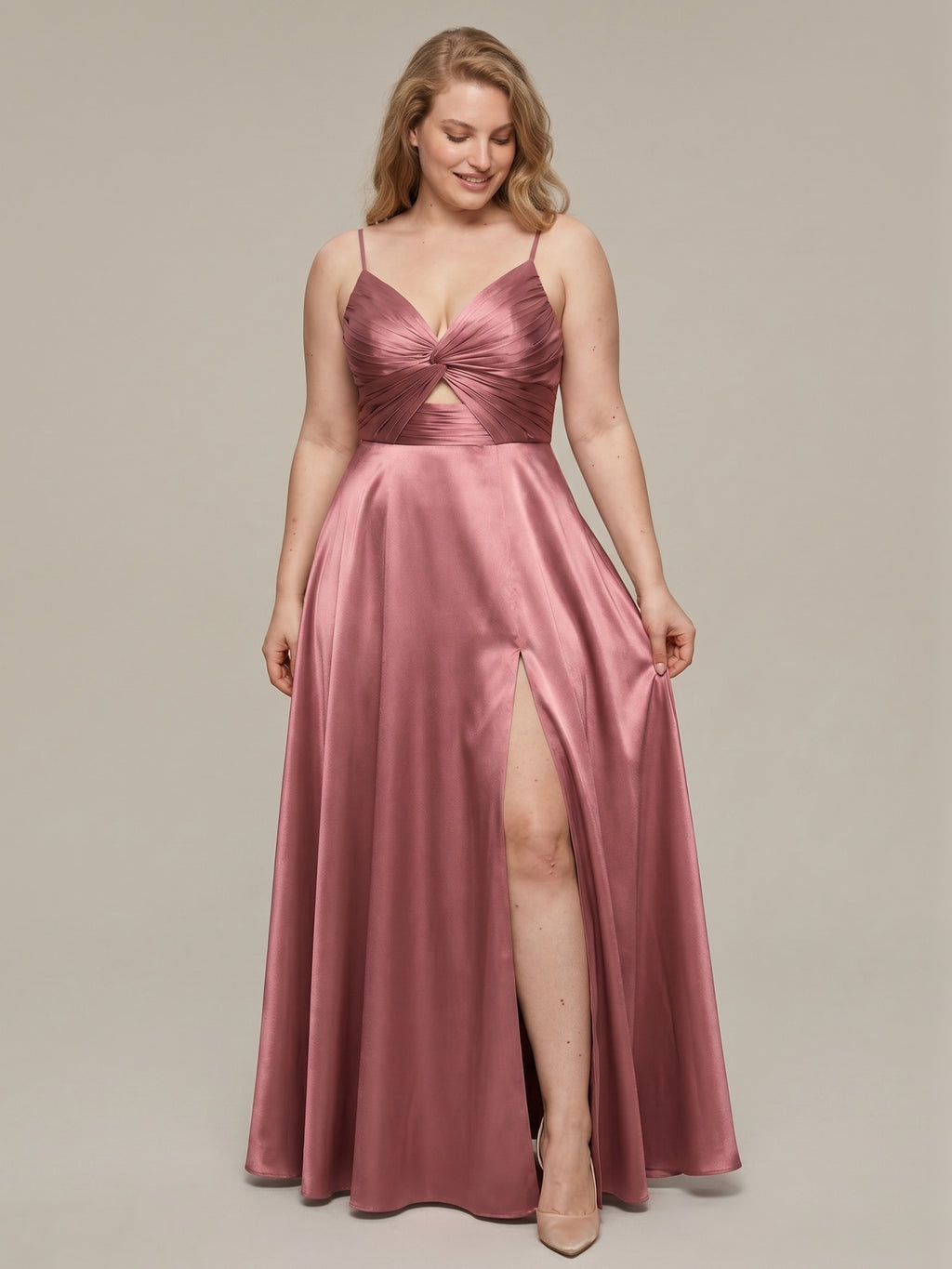 Sexy Rose Gold Satin A-Line V-Neck Back Zip with Beaded Details Ankle-Length Plus Size Bridesmaid Dress